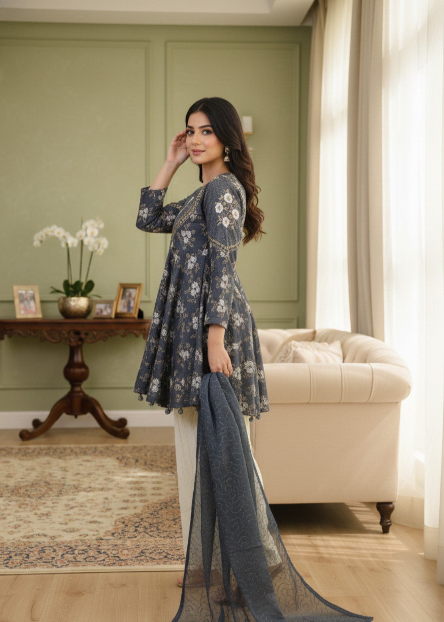 organza silk Short Frock in Grey
