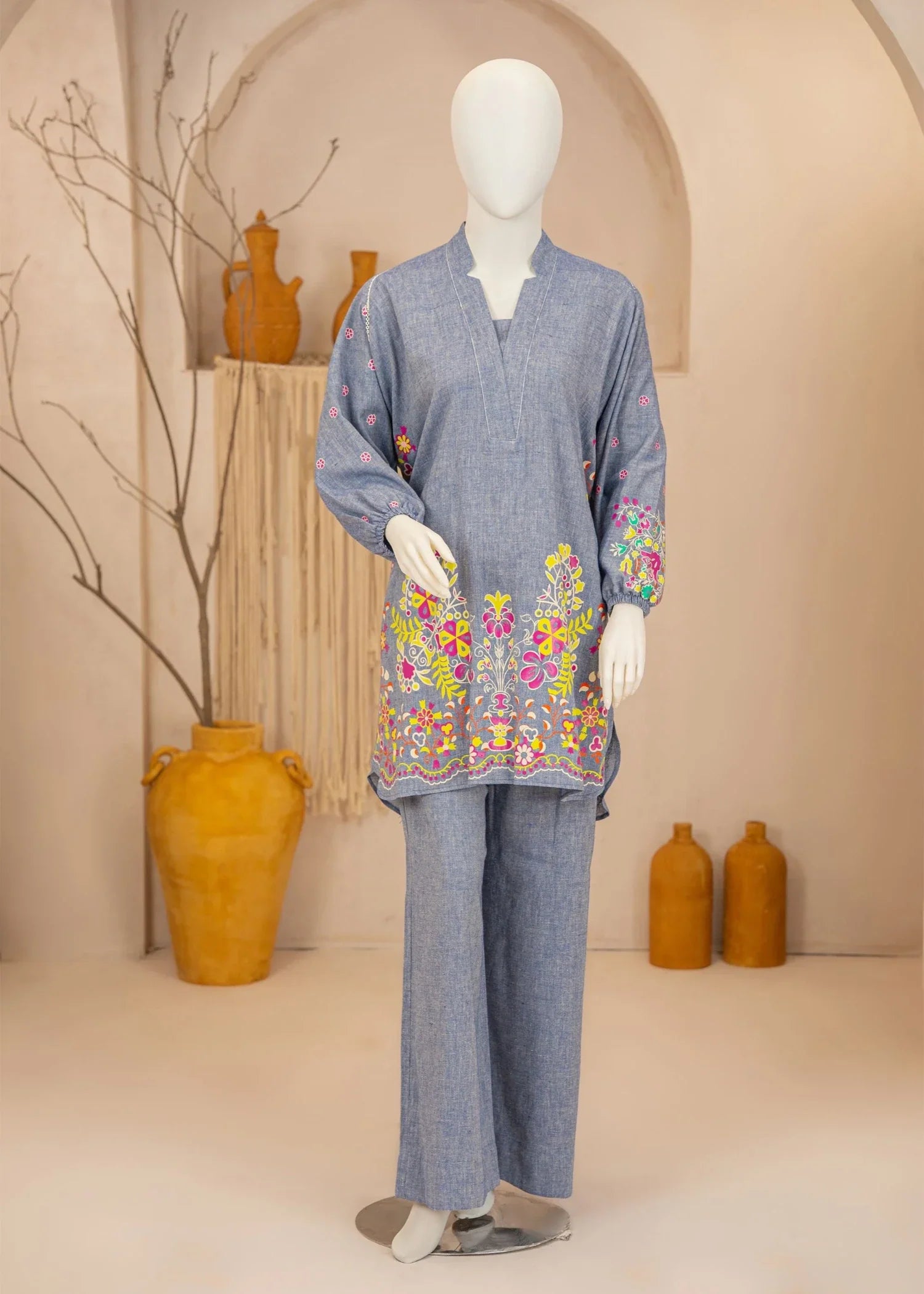linen Kurta Set in Grey