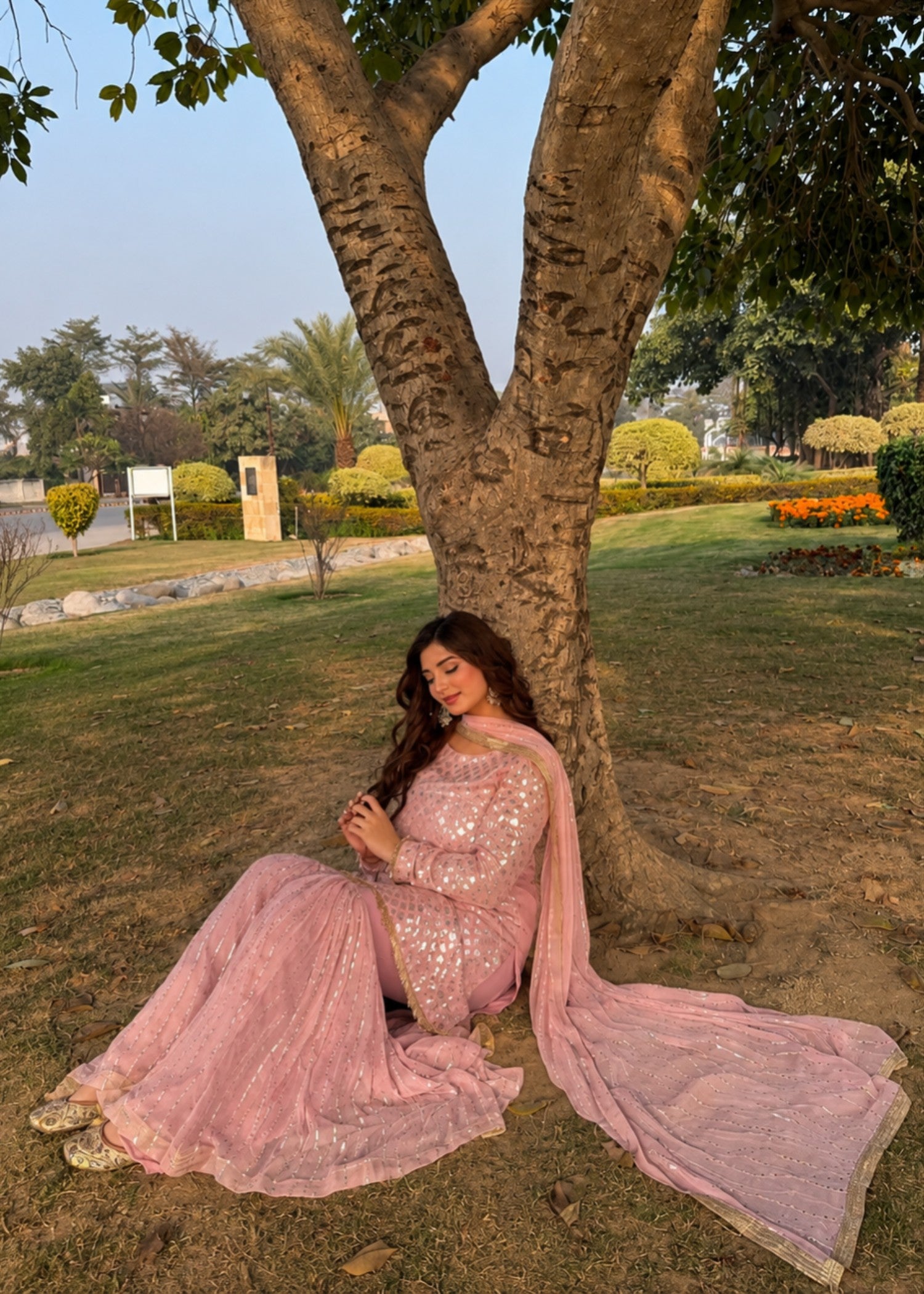 bemberg crinkle chiffon Gharara in Pastel pink