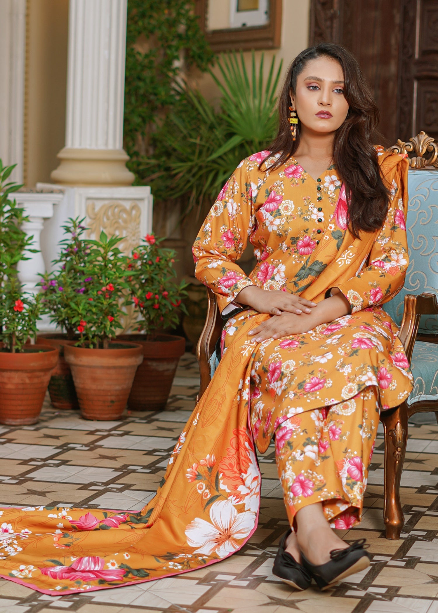 slub khaddar Kurta Set in Yellow-orange