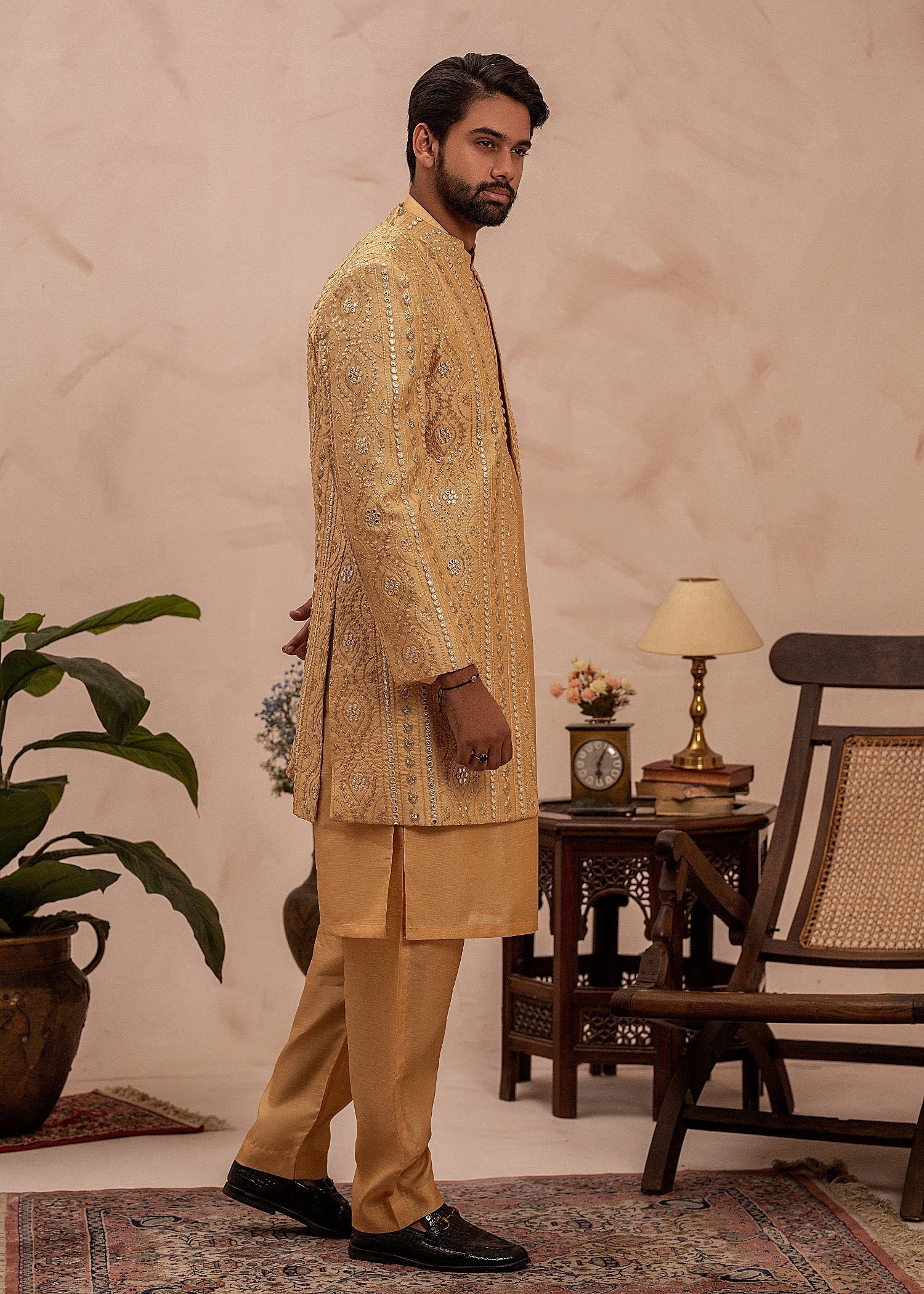 raw silk Sherwani in Gold