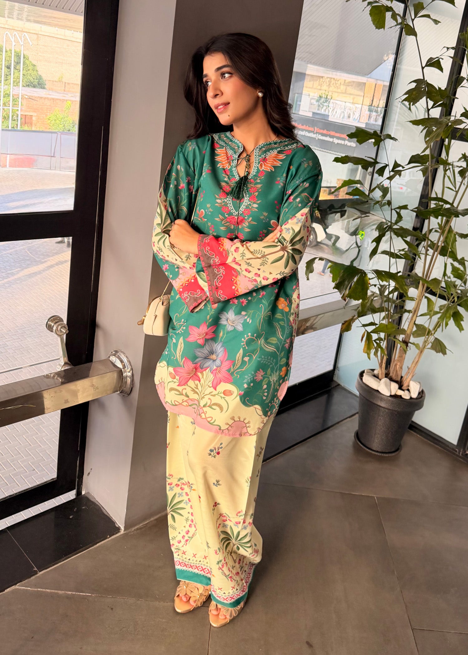 poly lawn Kurta Set in Sea green