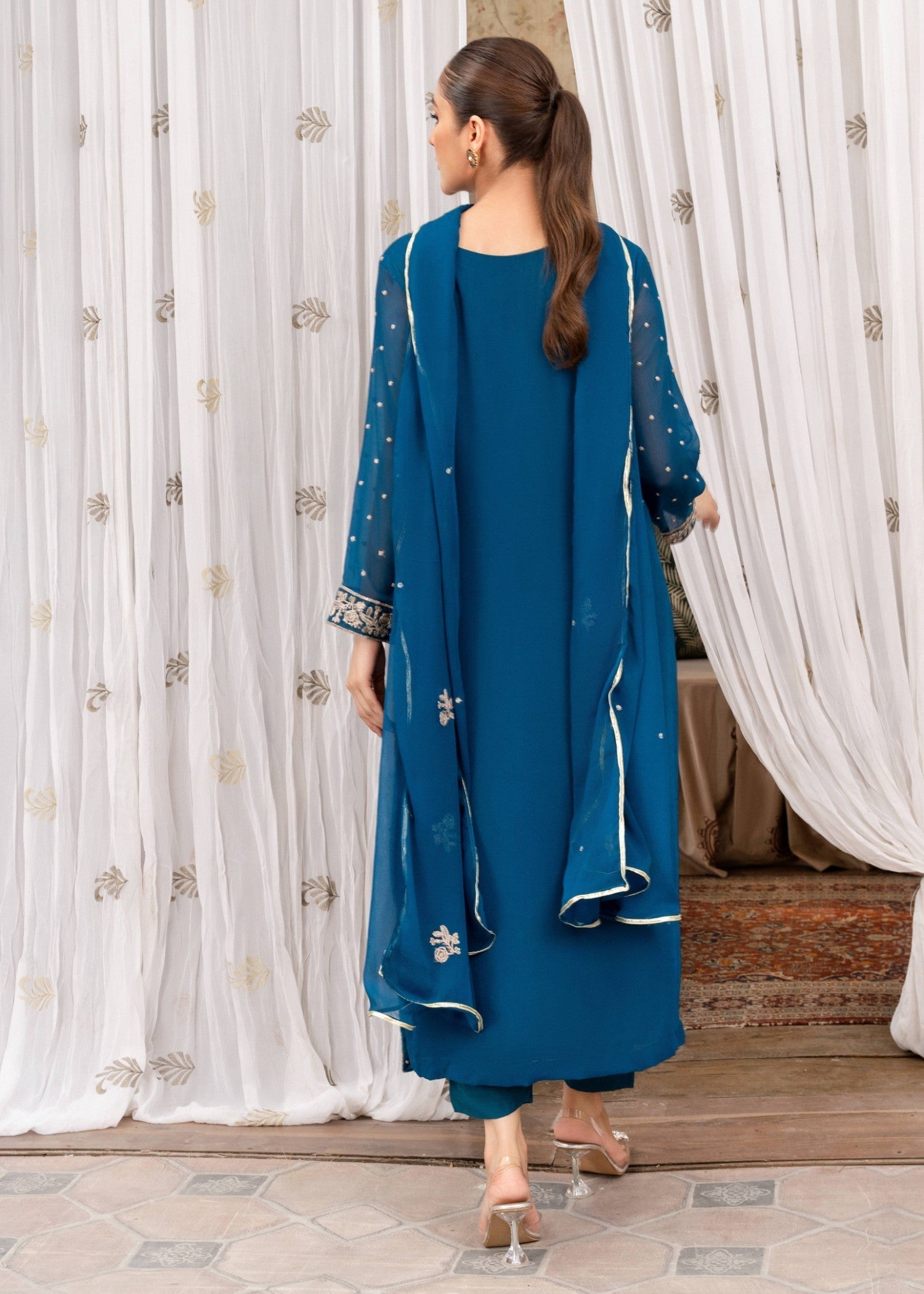 crinkle chiffon Kurta Set in Ocean blue