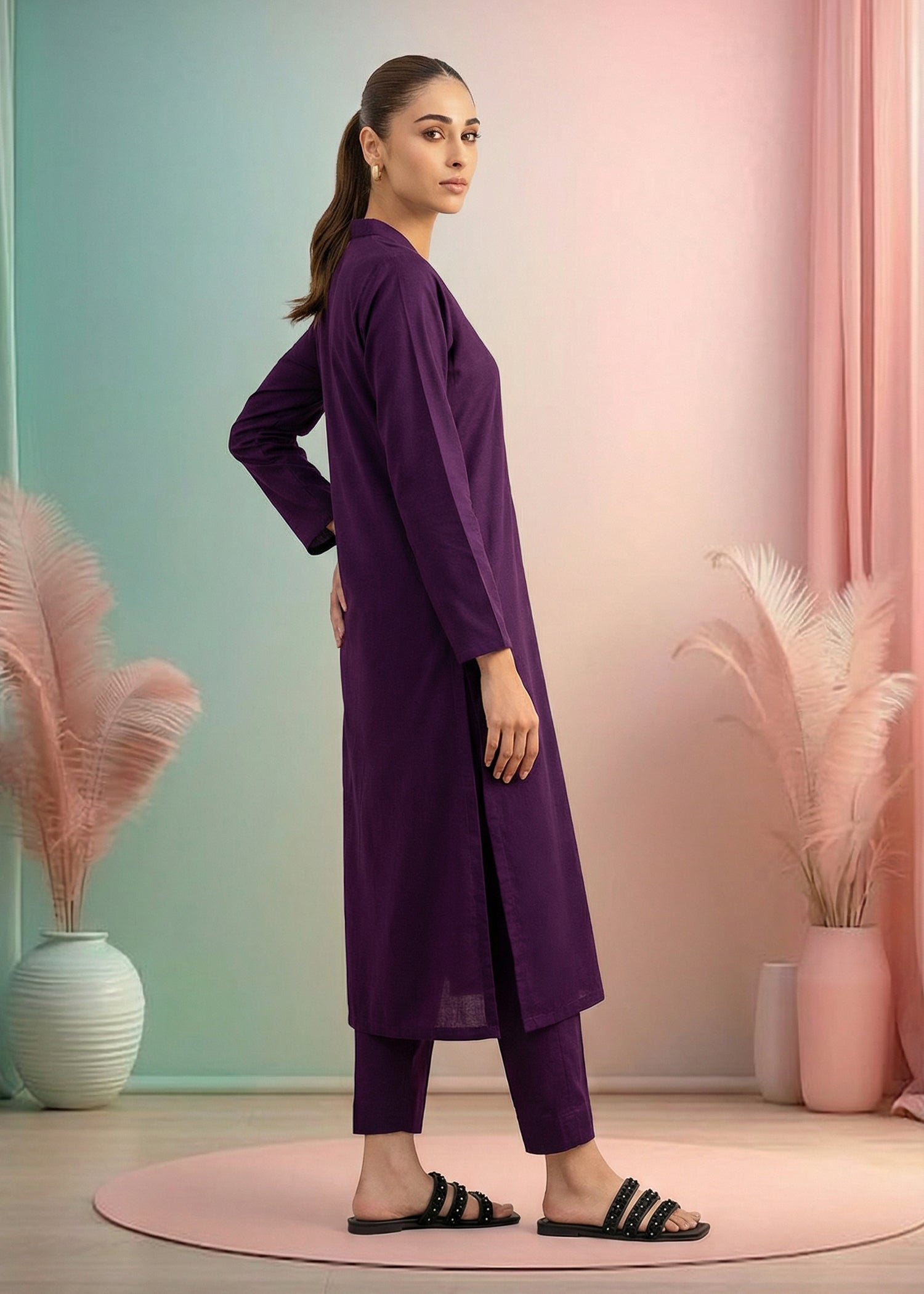 slub lawn Kurta Set in Royal purple