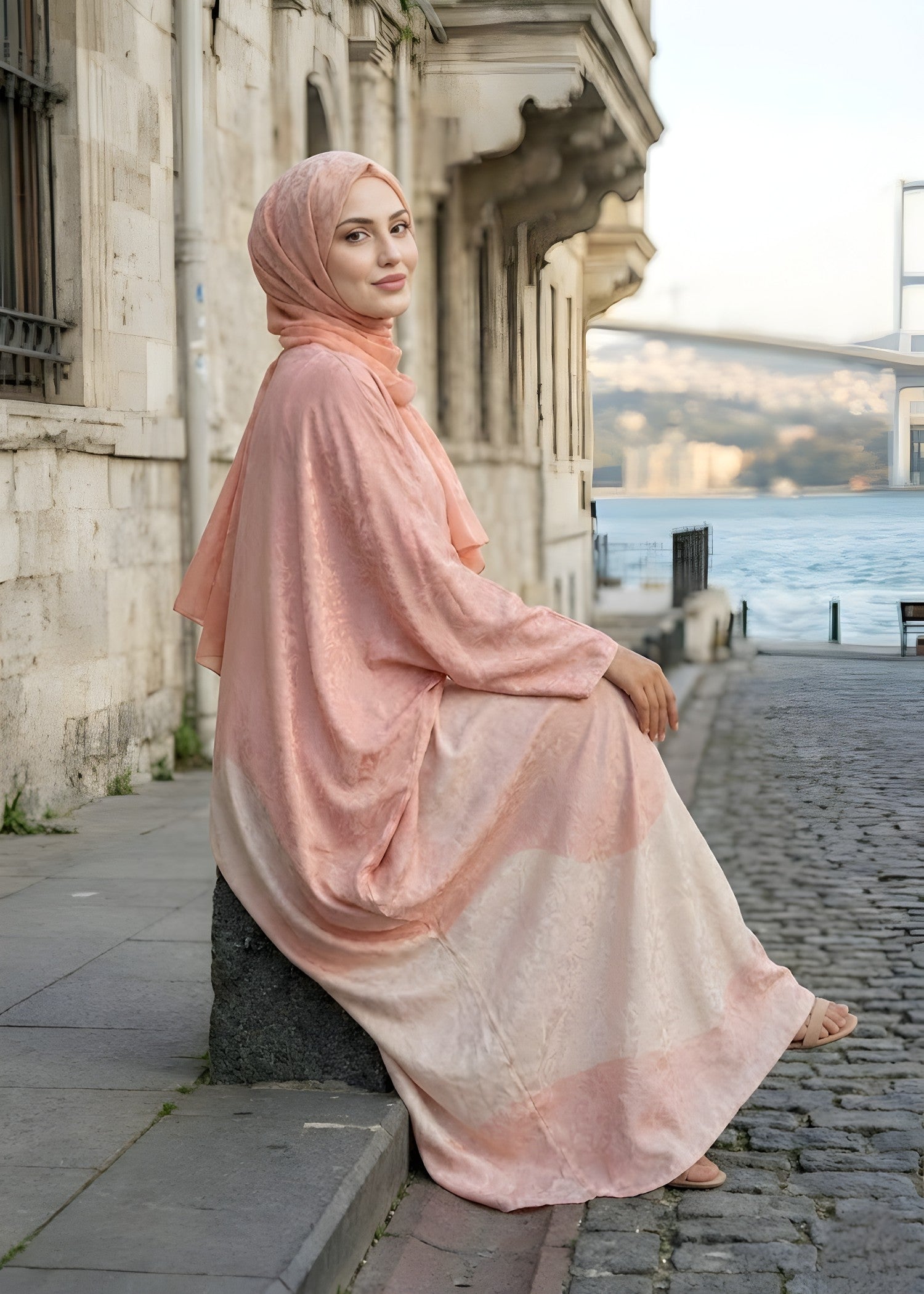 jacquard georgette Abaya in Peach pink