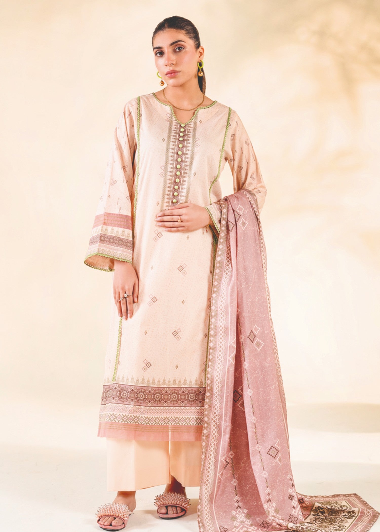 lawn Kurta Set in Beige