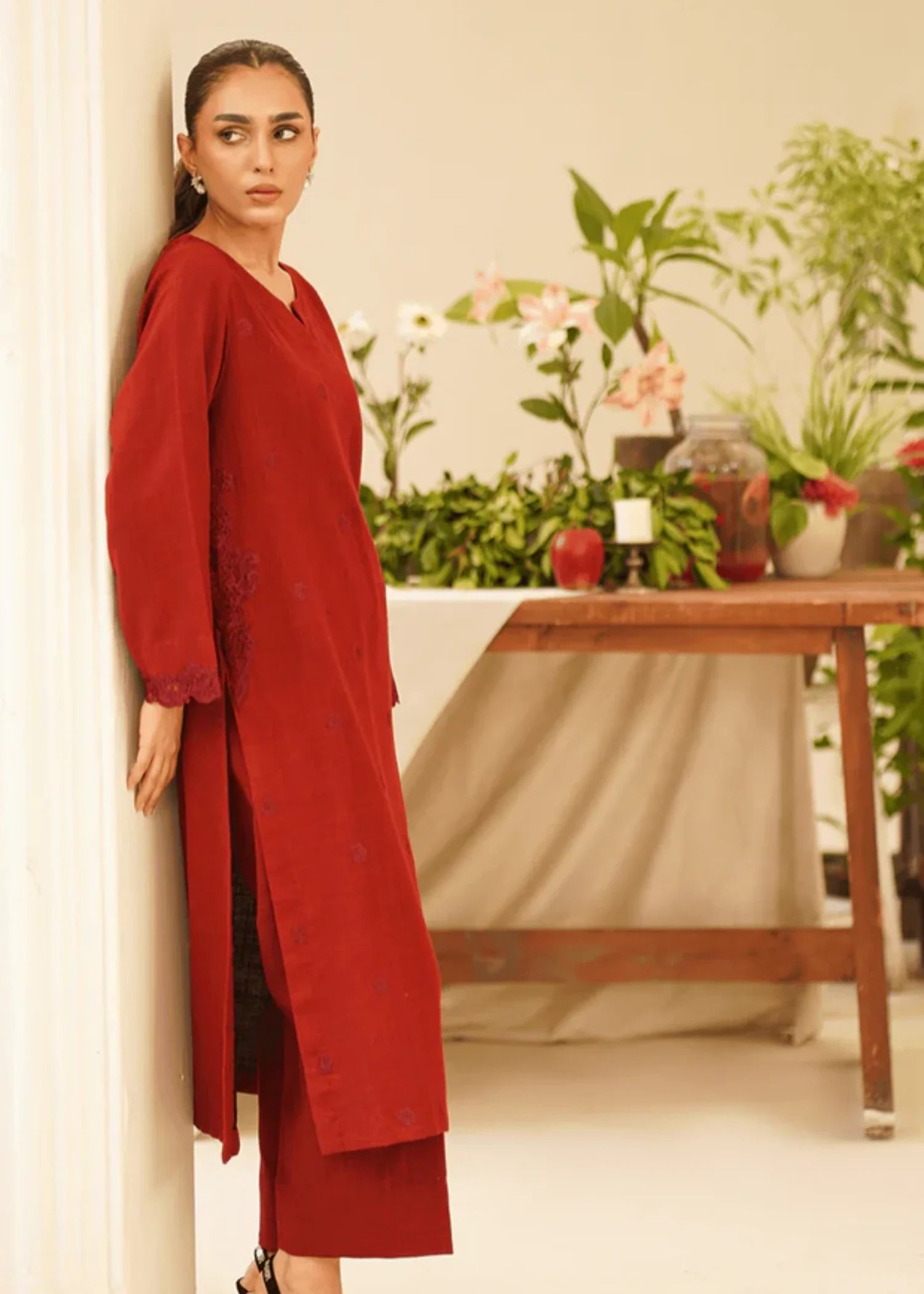 khaddar Kurta Set in Blood red