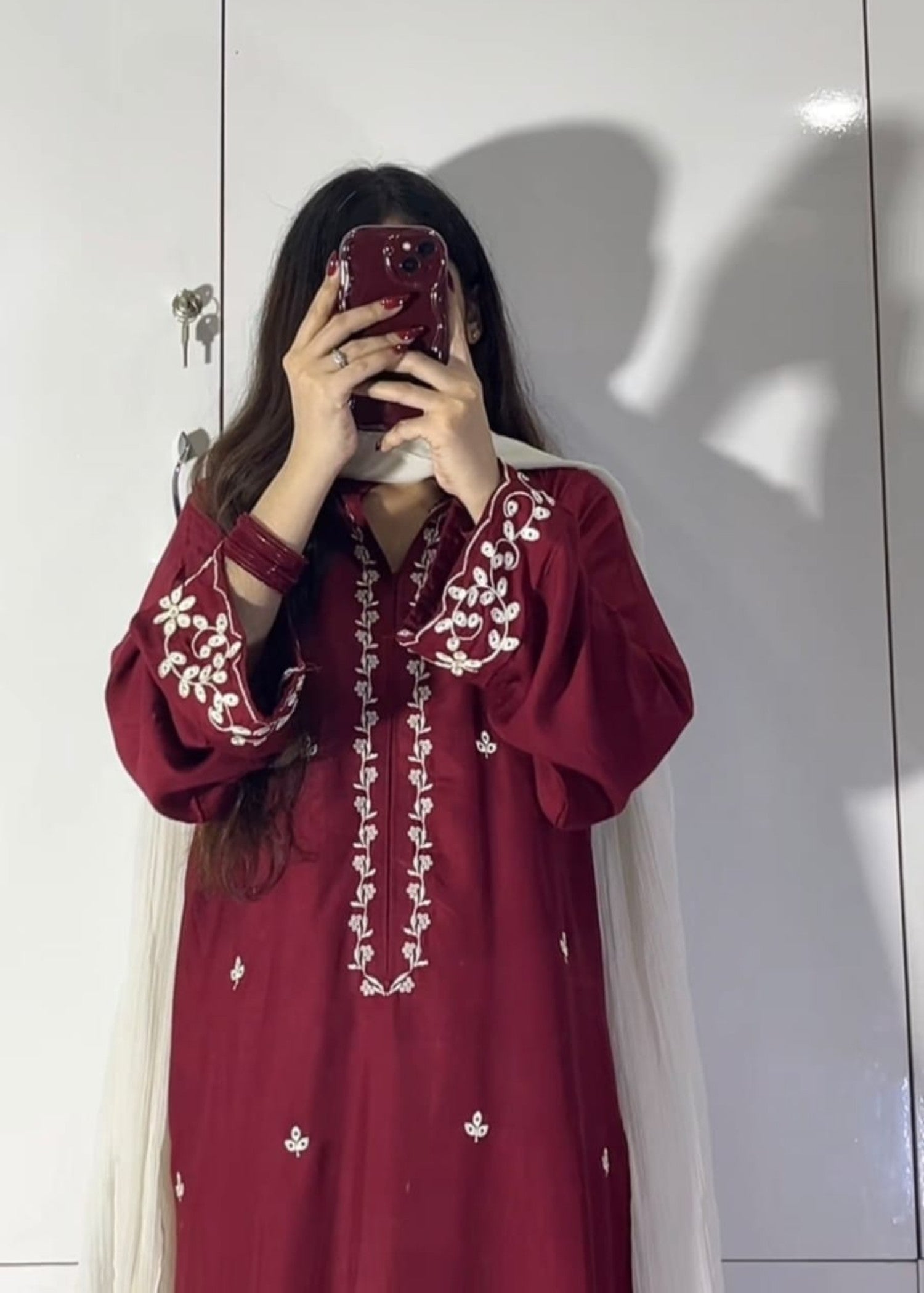 linen Kurta Set in White, maroon