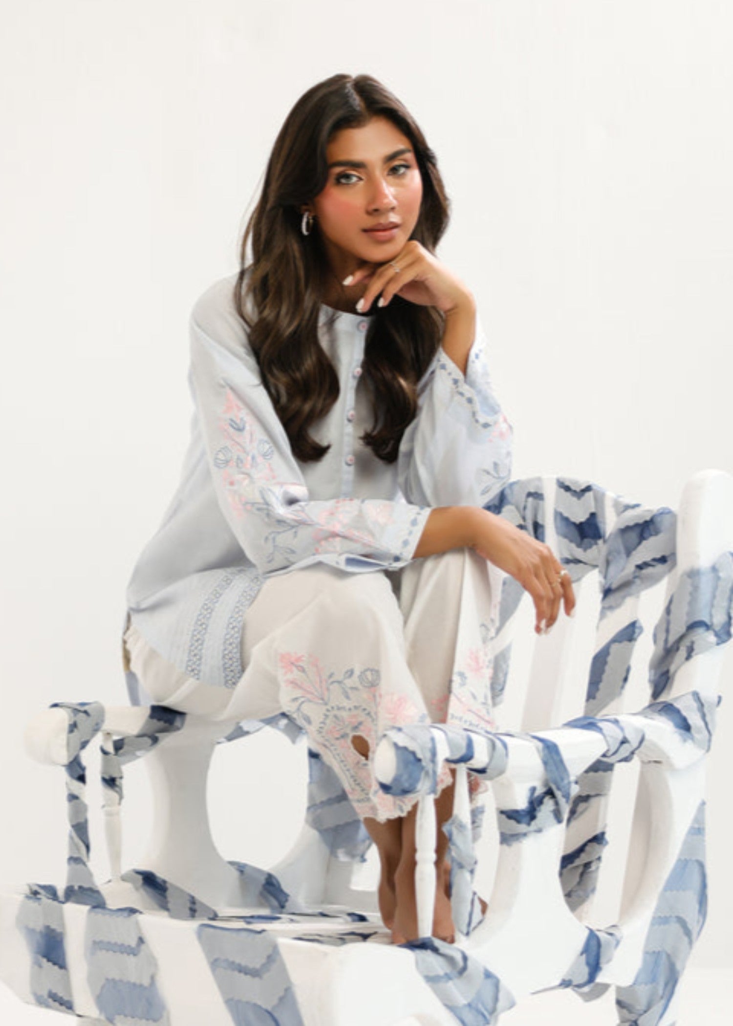 cambric Kurta Set in Ice blue, off-white