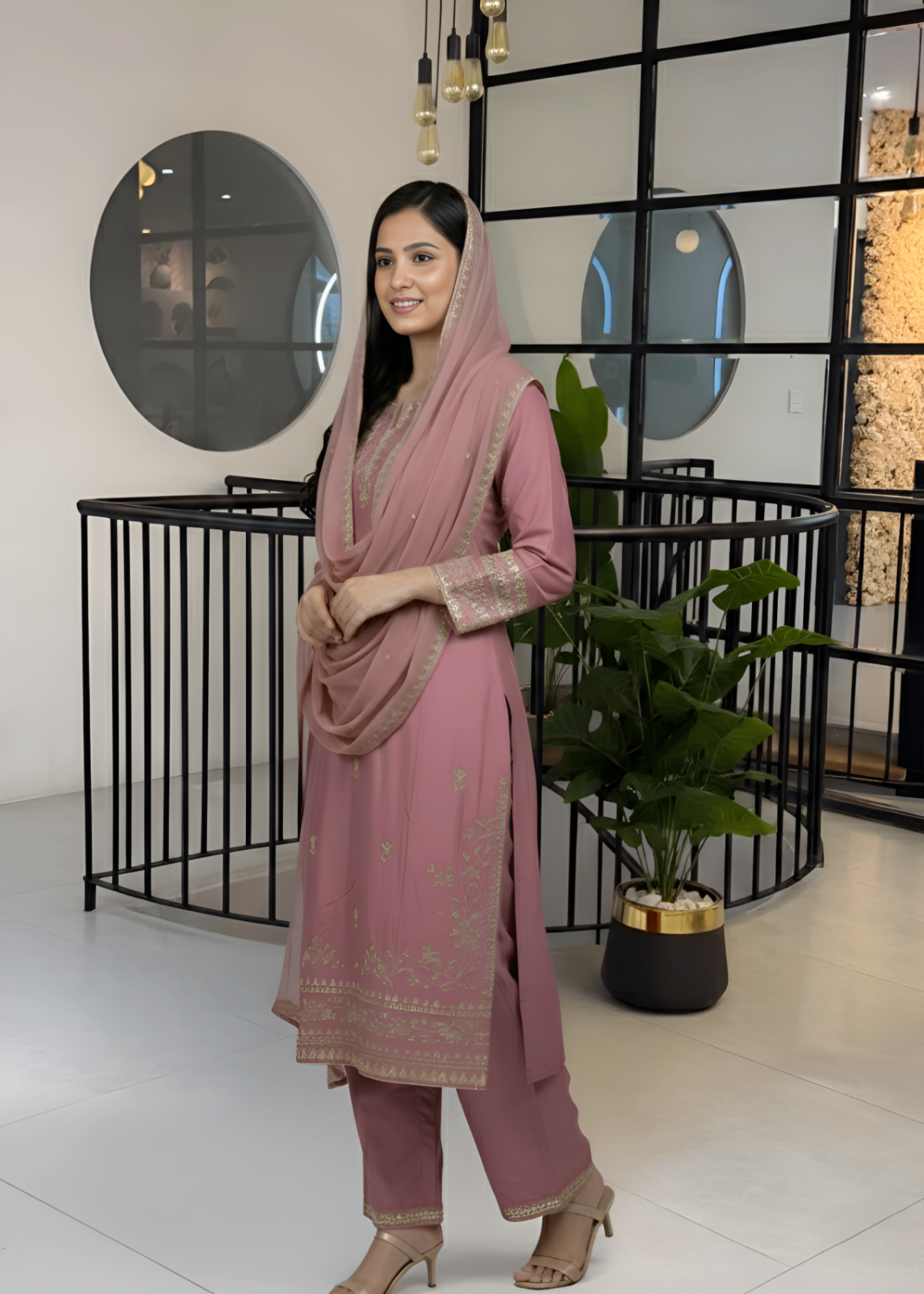 linen Kurta Set in Salmon pink