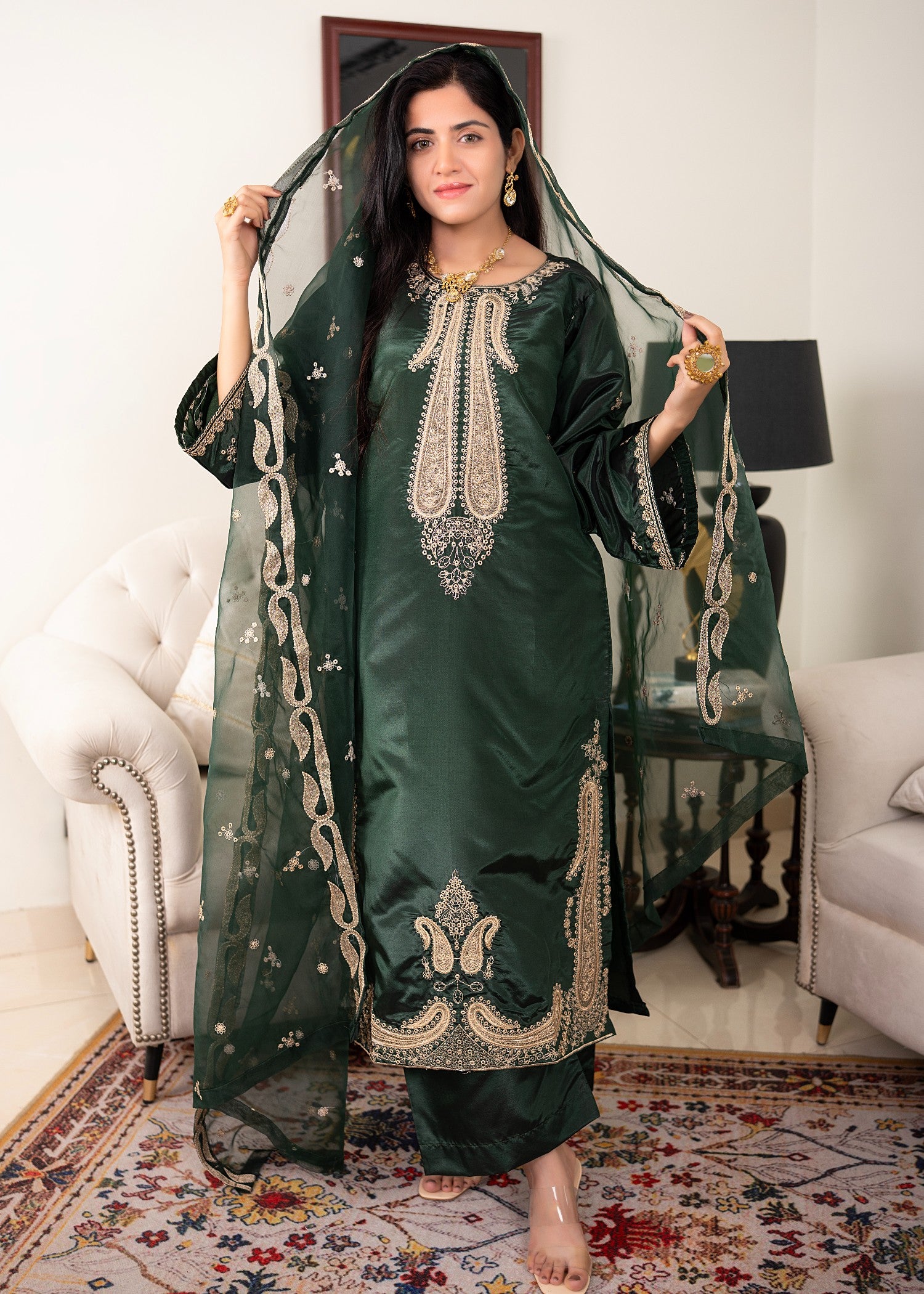 kattan silk Kurta Set in Dark green