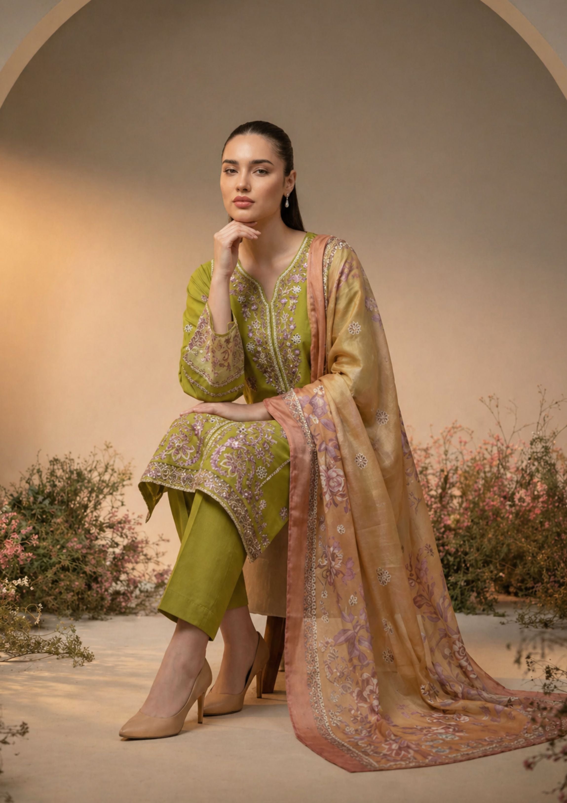 lawn cotton Kurta Set in Olive green