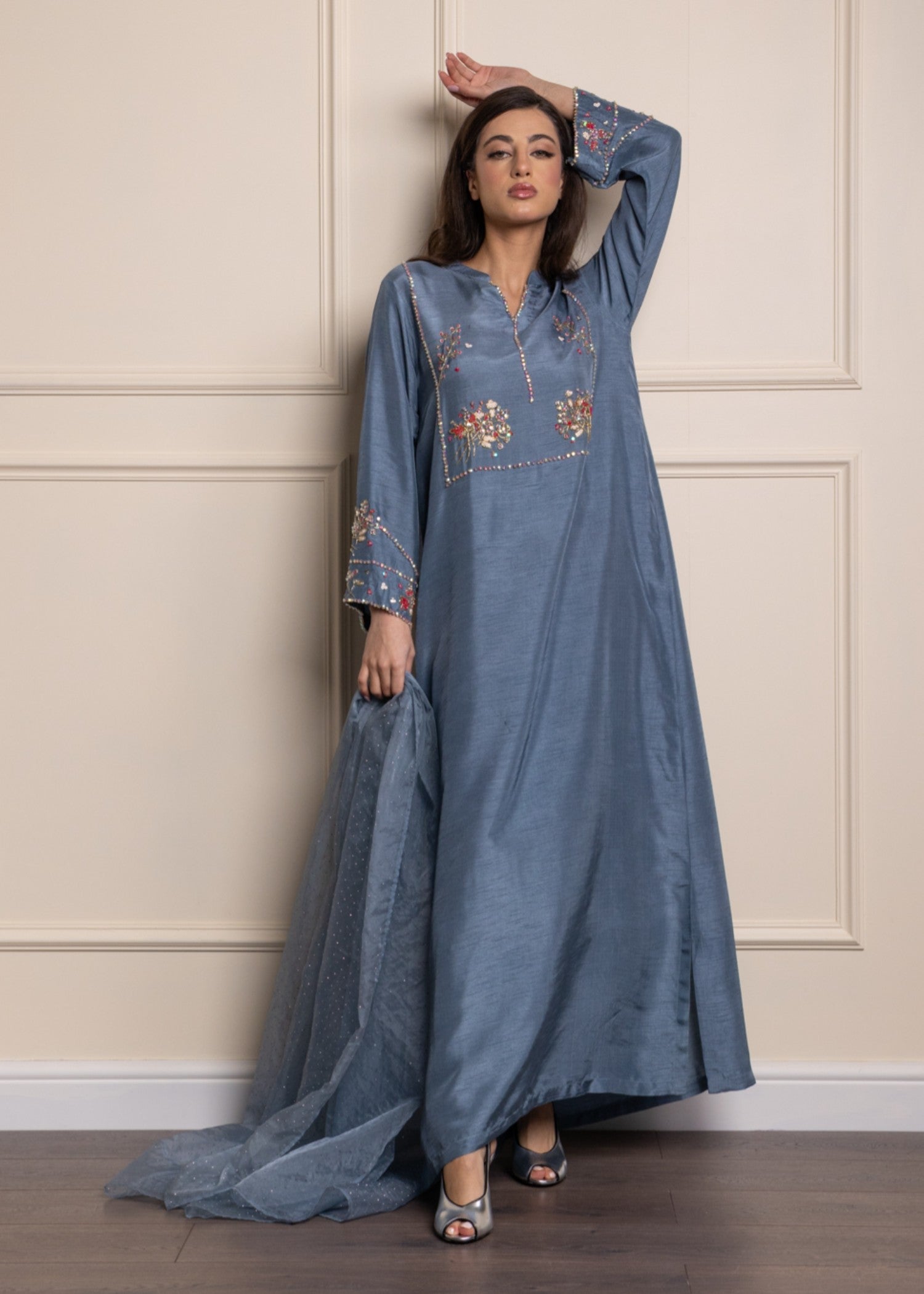 korean raw silk Kaftan in Light blue