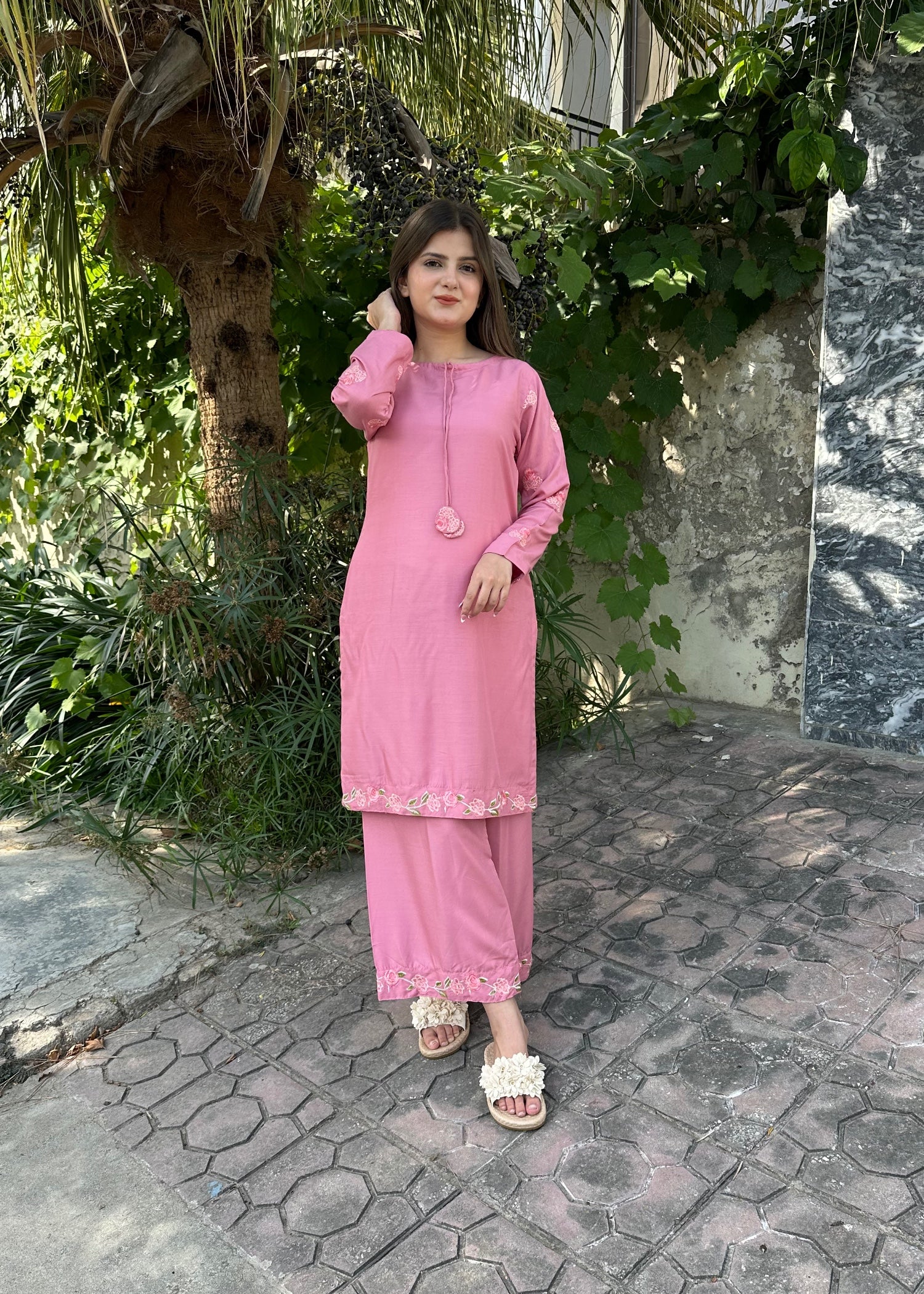 arabic lawn Kurta Set in Tea rose pink