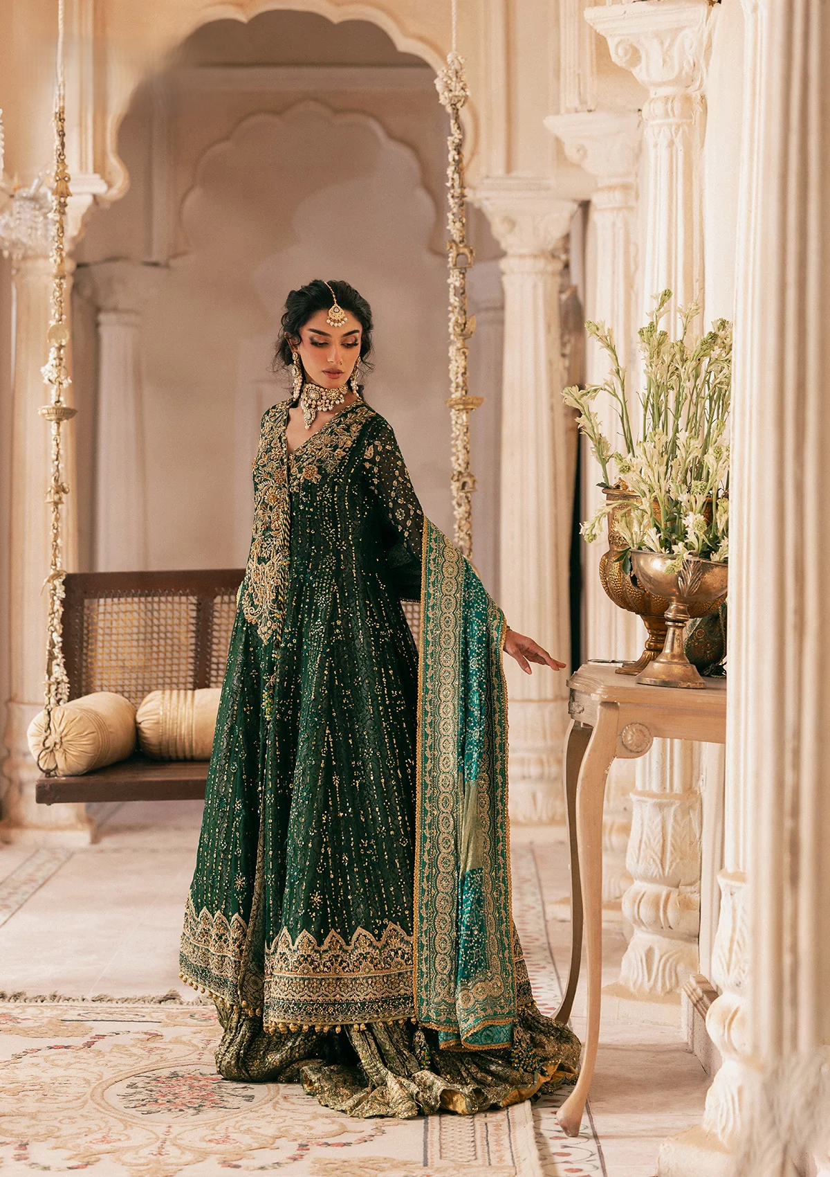 medium silk Angrakha in Bottle green