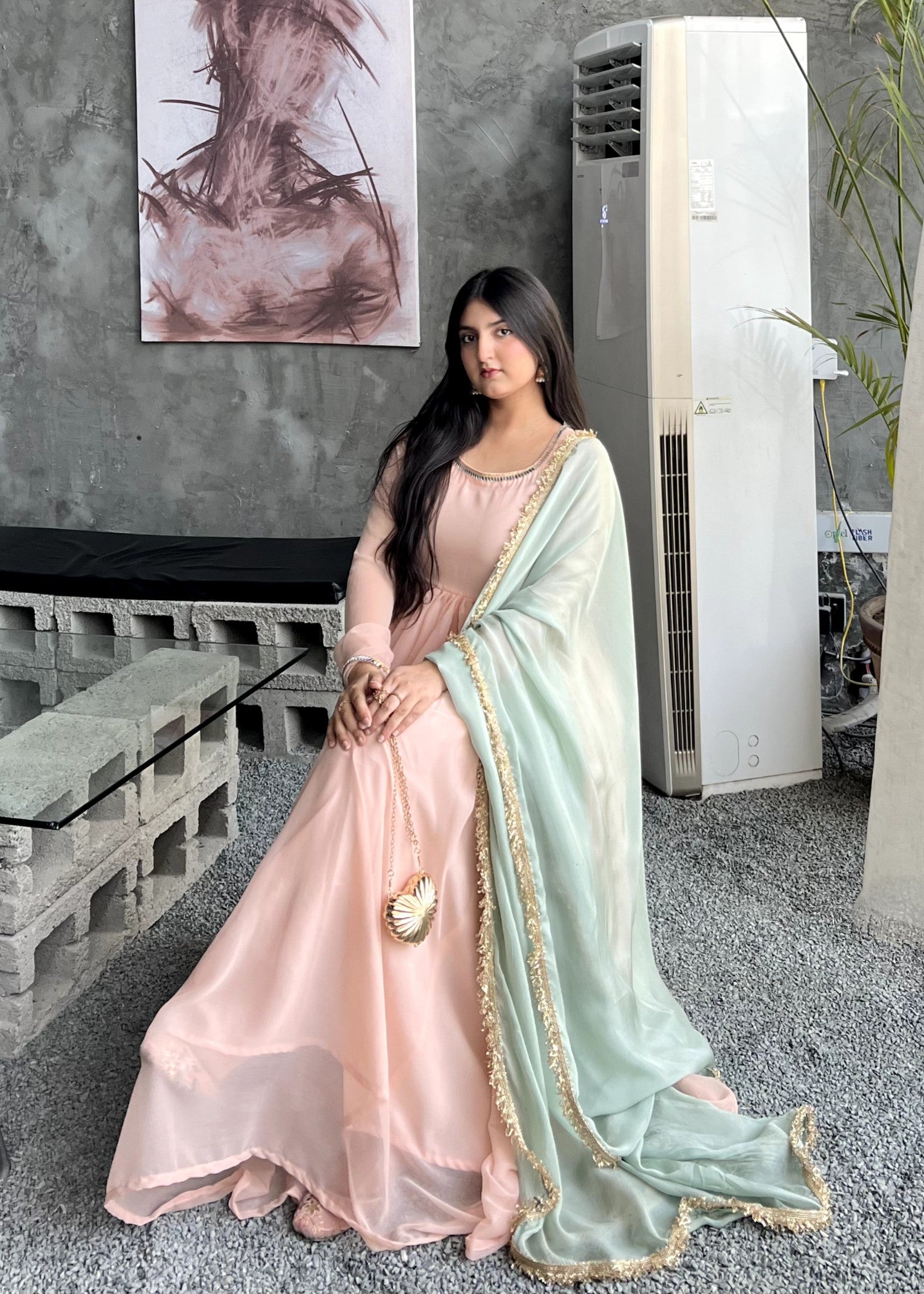 bemberg crinkle chiffon Maxi in Pink, pistachio green