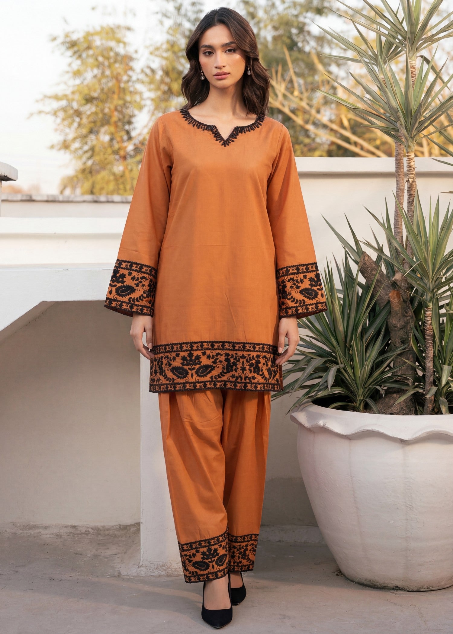 lawn Kurta Set in Sunrise orange