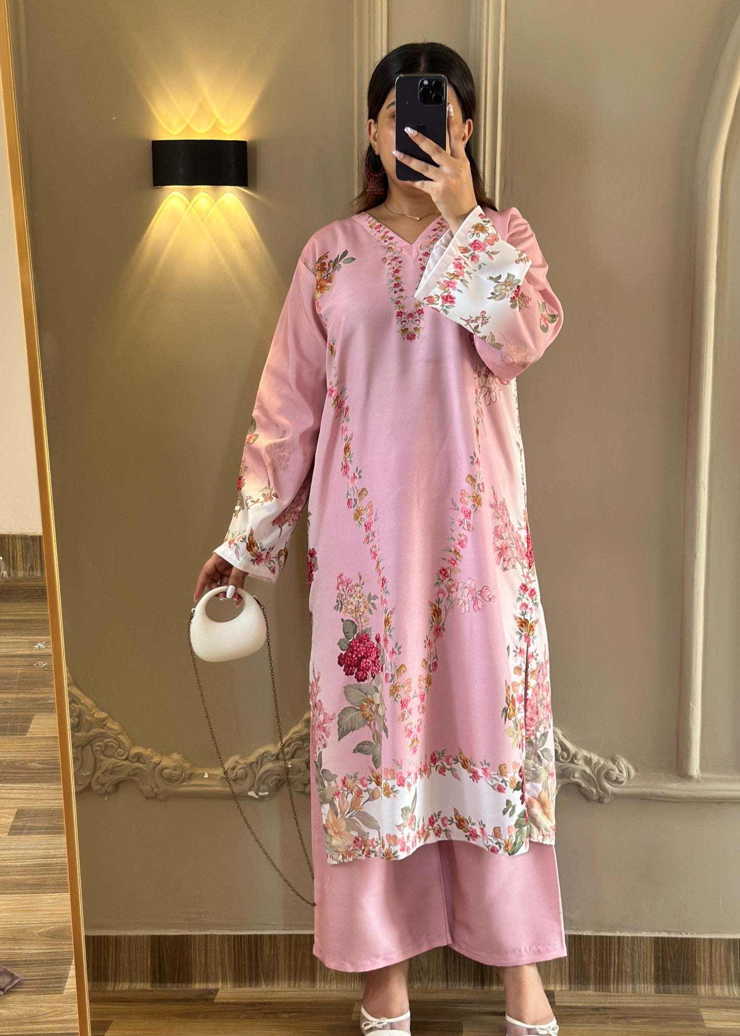 poly lawn Kurta Set in Pastel pink