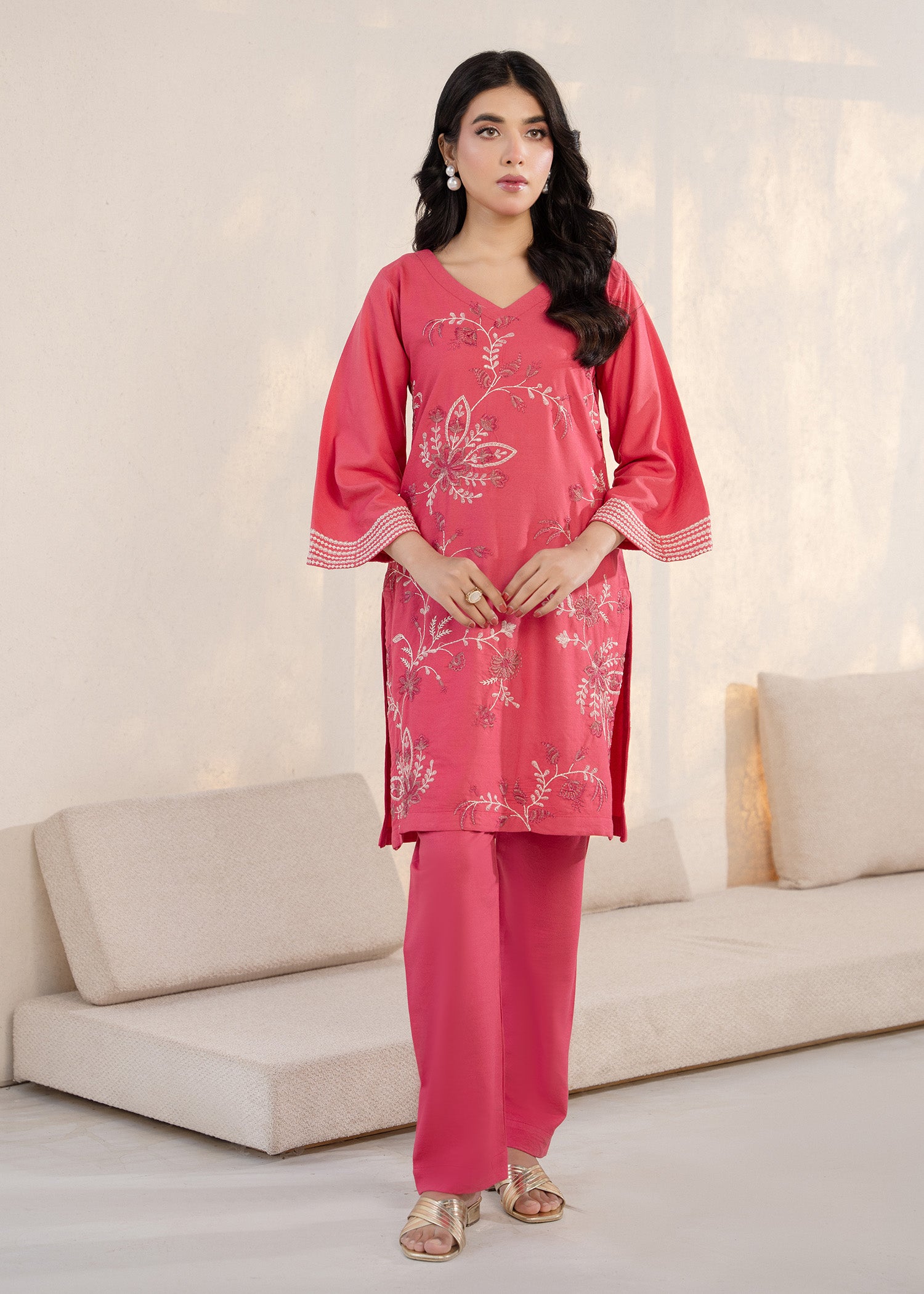 wool viscose Kurta Set in Shocking pink
