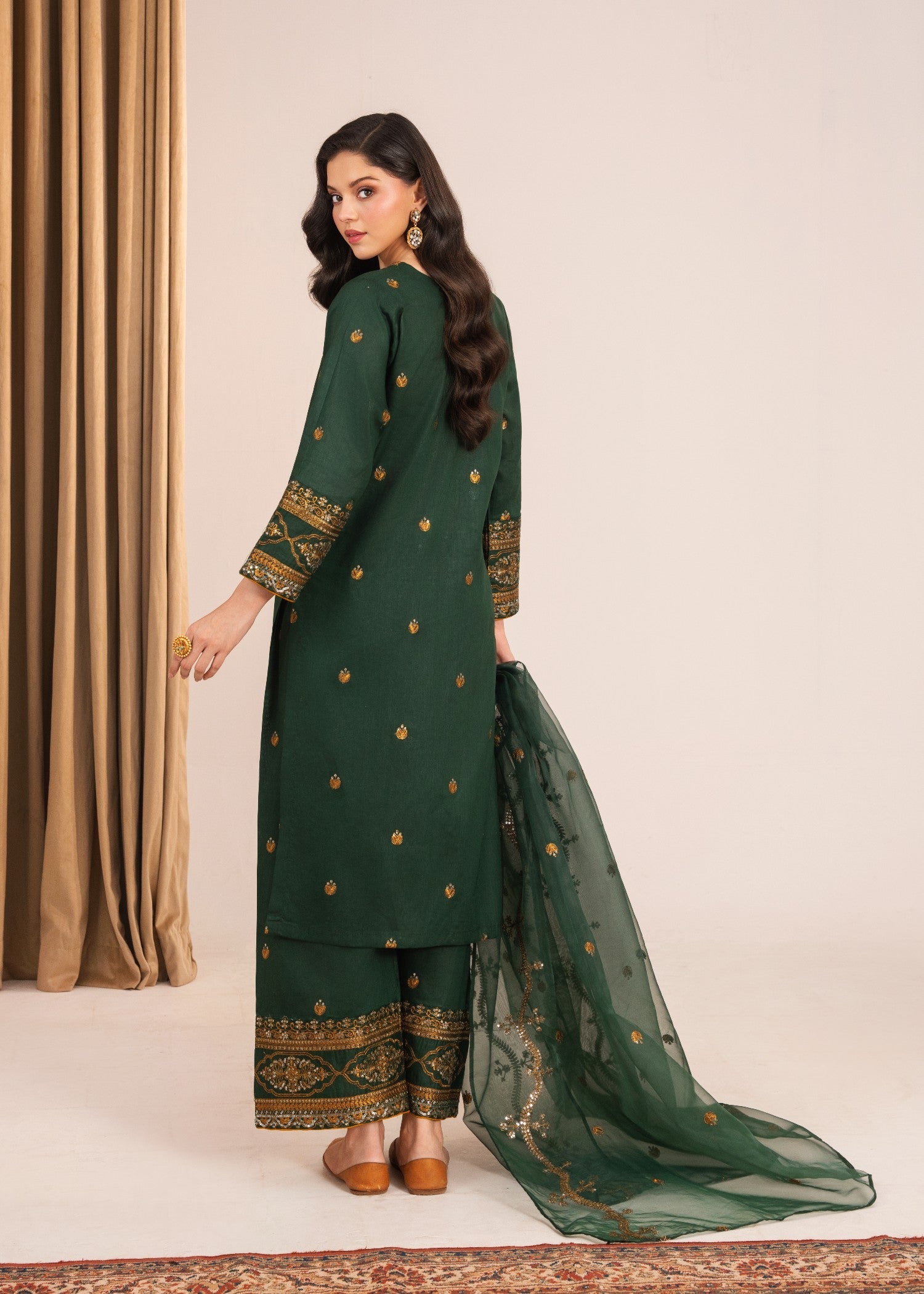 lawn Kurta Set in Gold, dark green