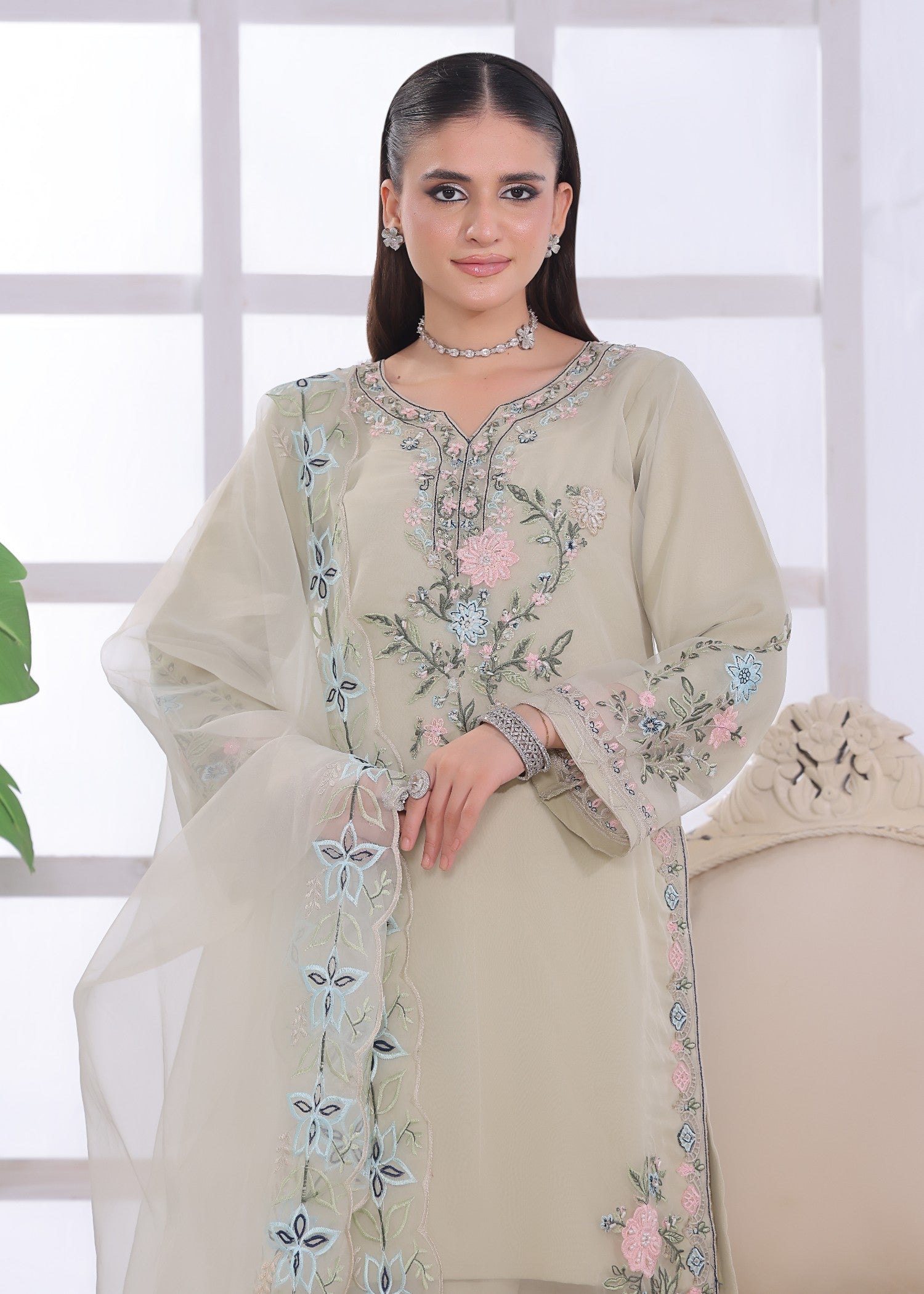 organza Kurta Set in Beige