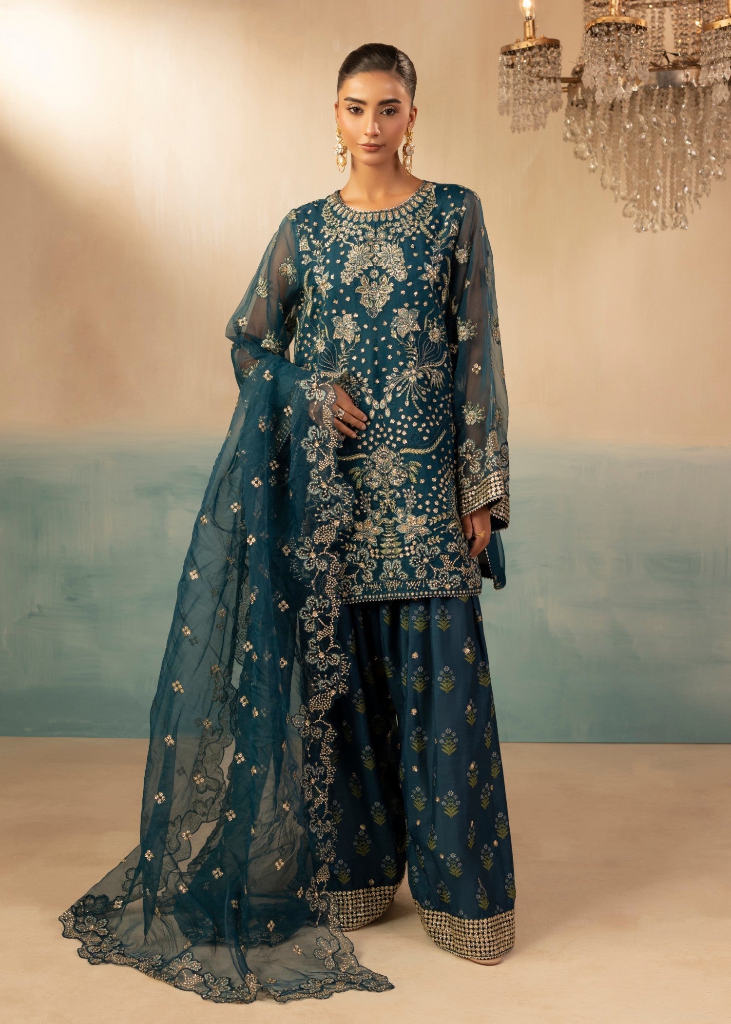 organza Kurta Set in Teal