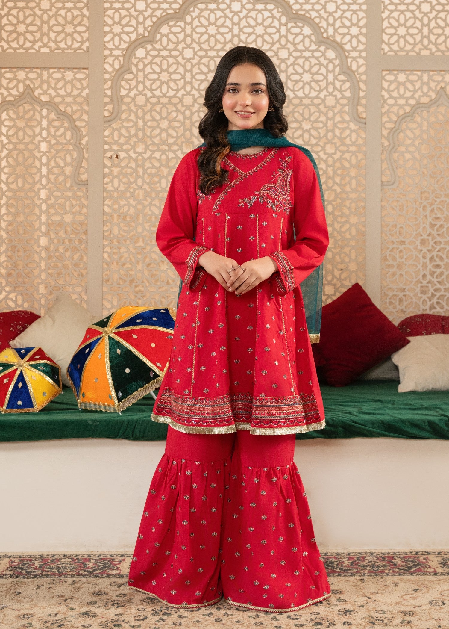 cotton Gharara in Hot pink red