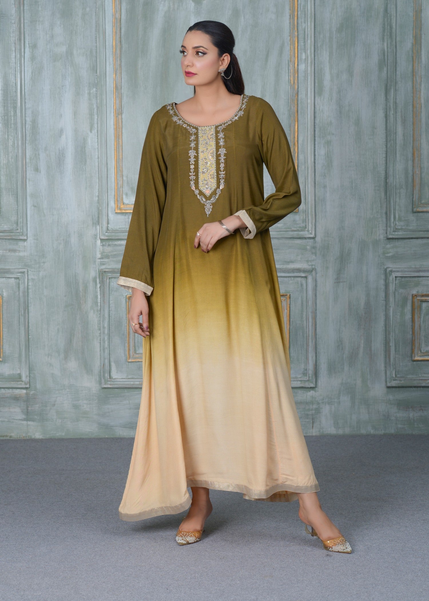 raw silk Maxi in Olive green