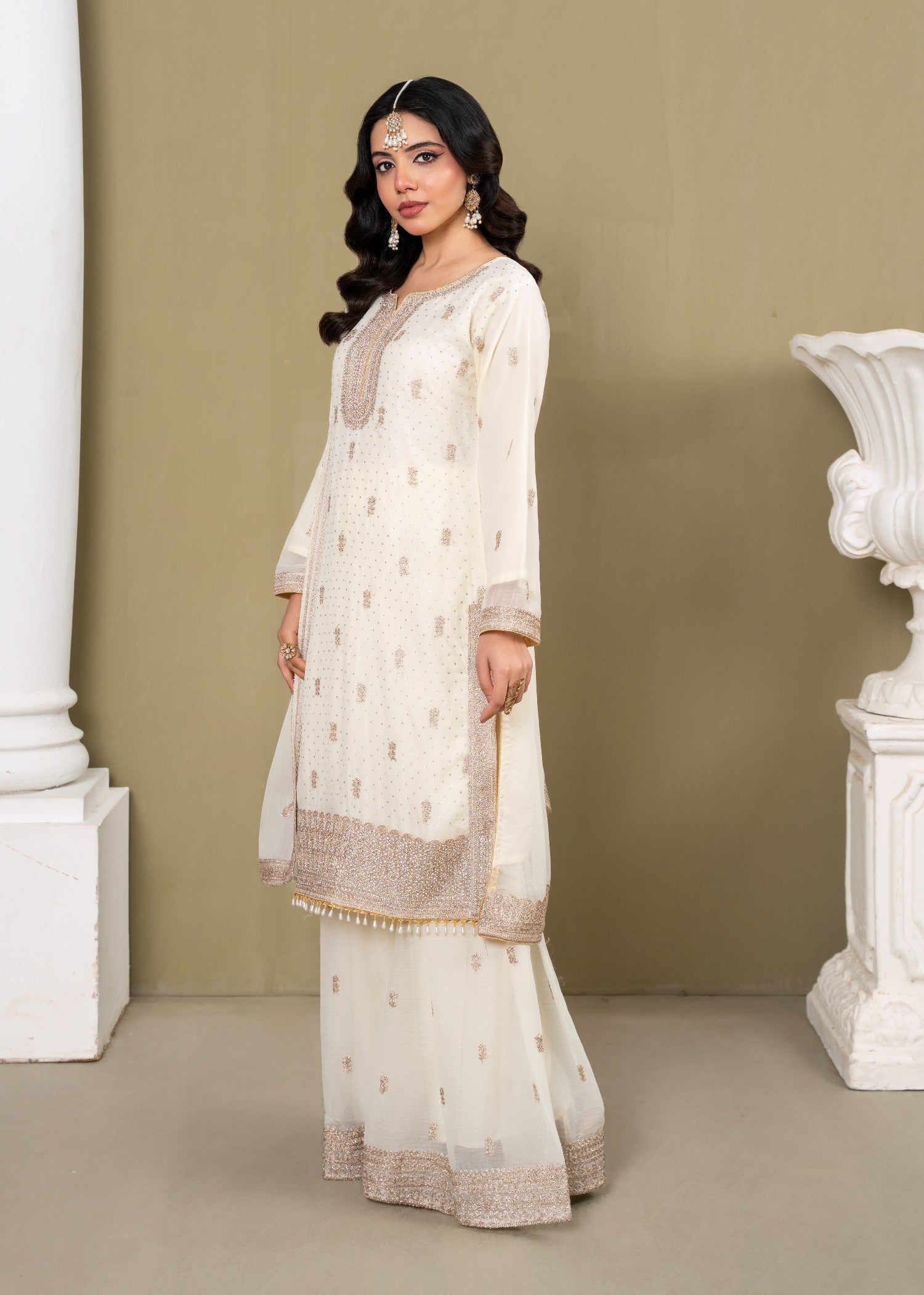 chiffon Gharara in Cream