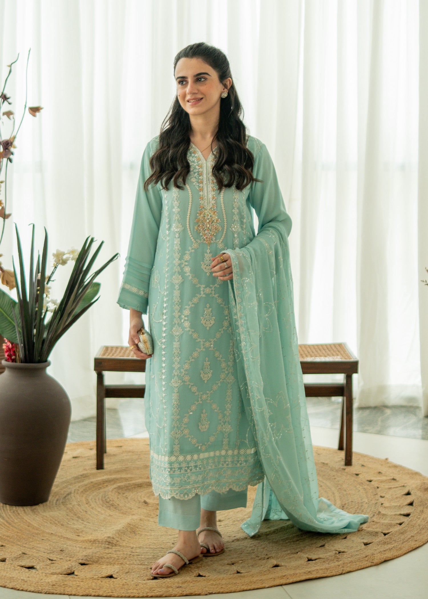 chiffon Kurta Set in Moss green