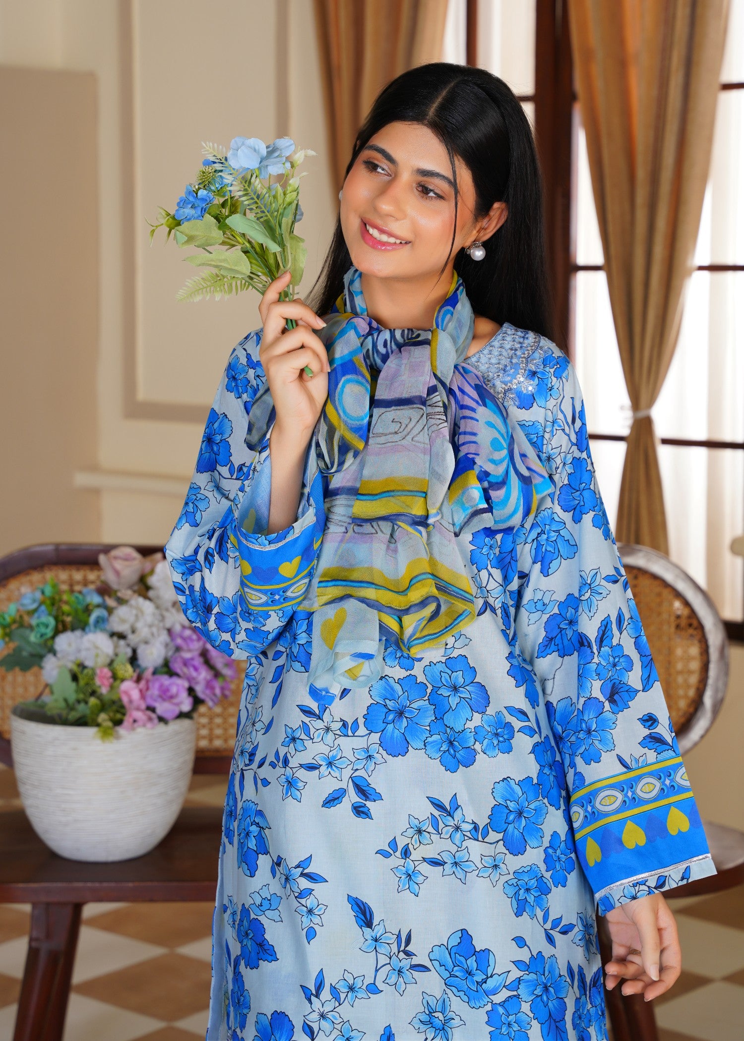 lawn Kurta Set in Cobalt blue, baby blue