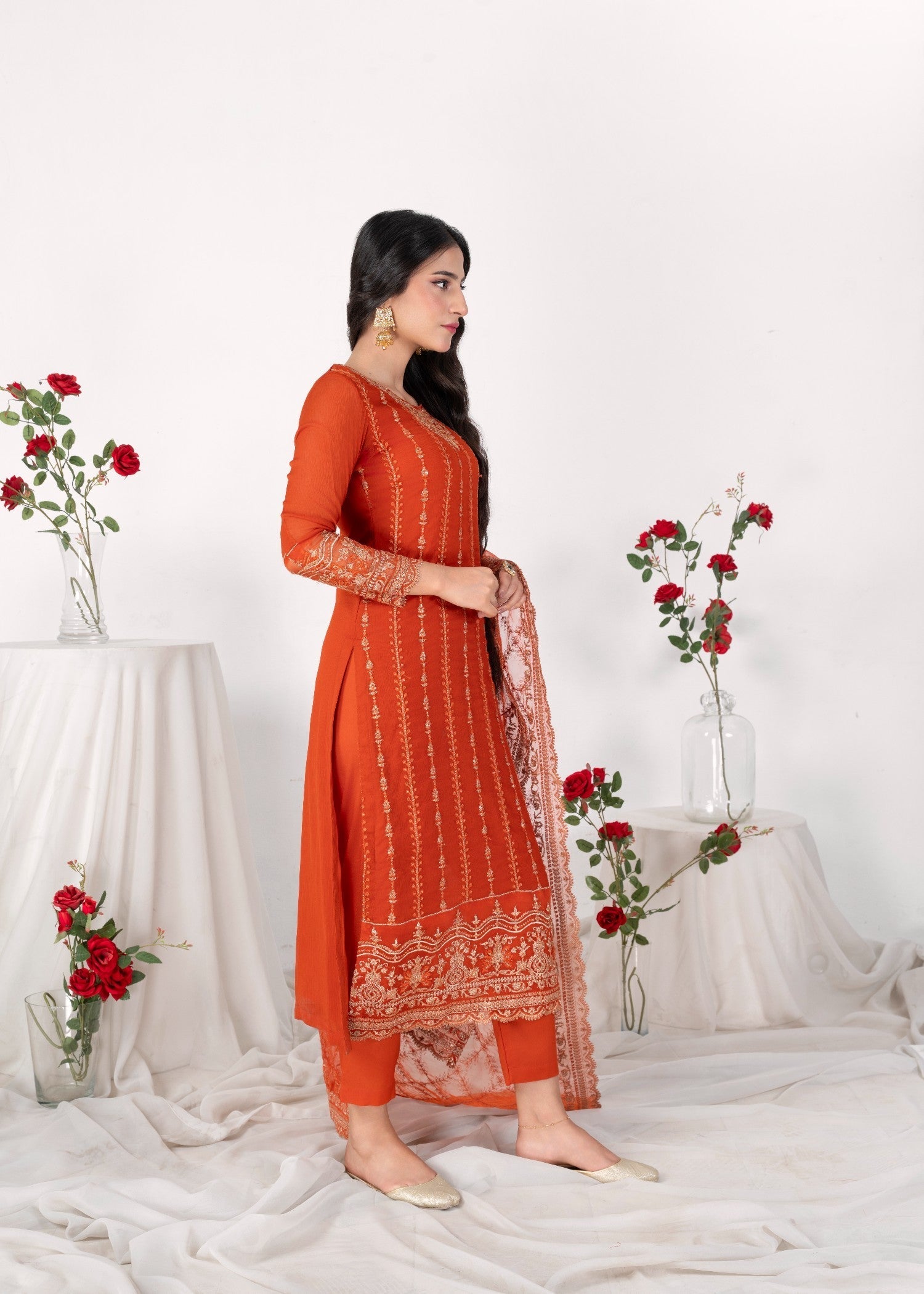 bemberg crinkle chiffon Kurta Set in Copper orange