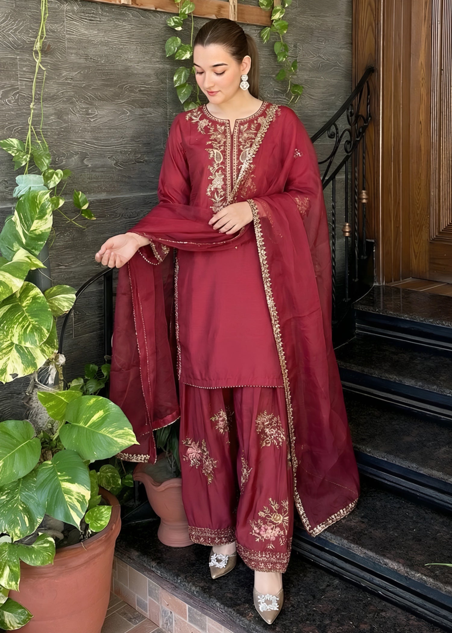 silk Kurta Set in Maroon