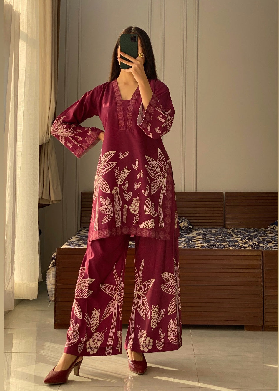slub lawn Co Ord Sets in Maroon