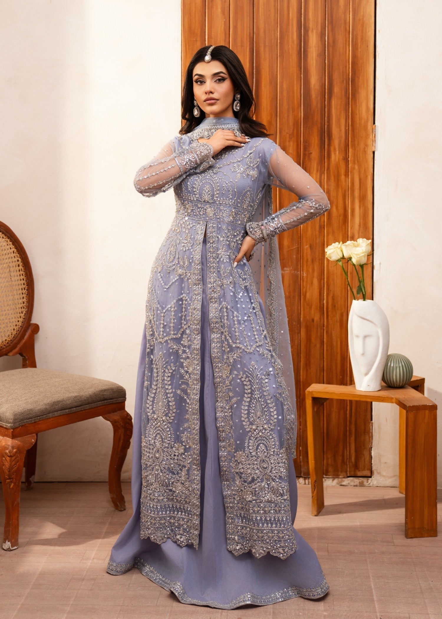 net Lehenga in Steal grey