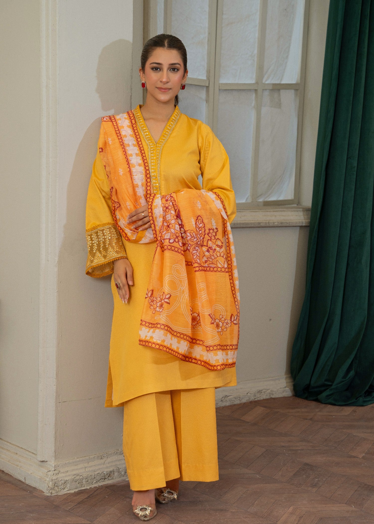 lawn karandi Kurta Set in Marigold