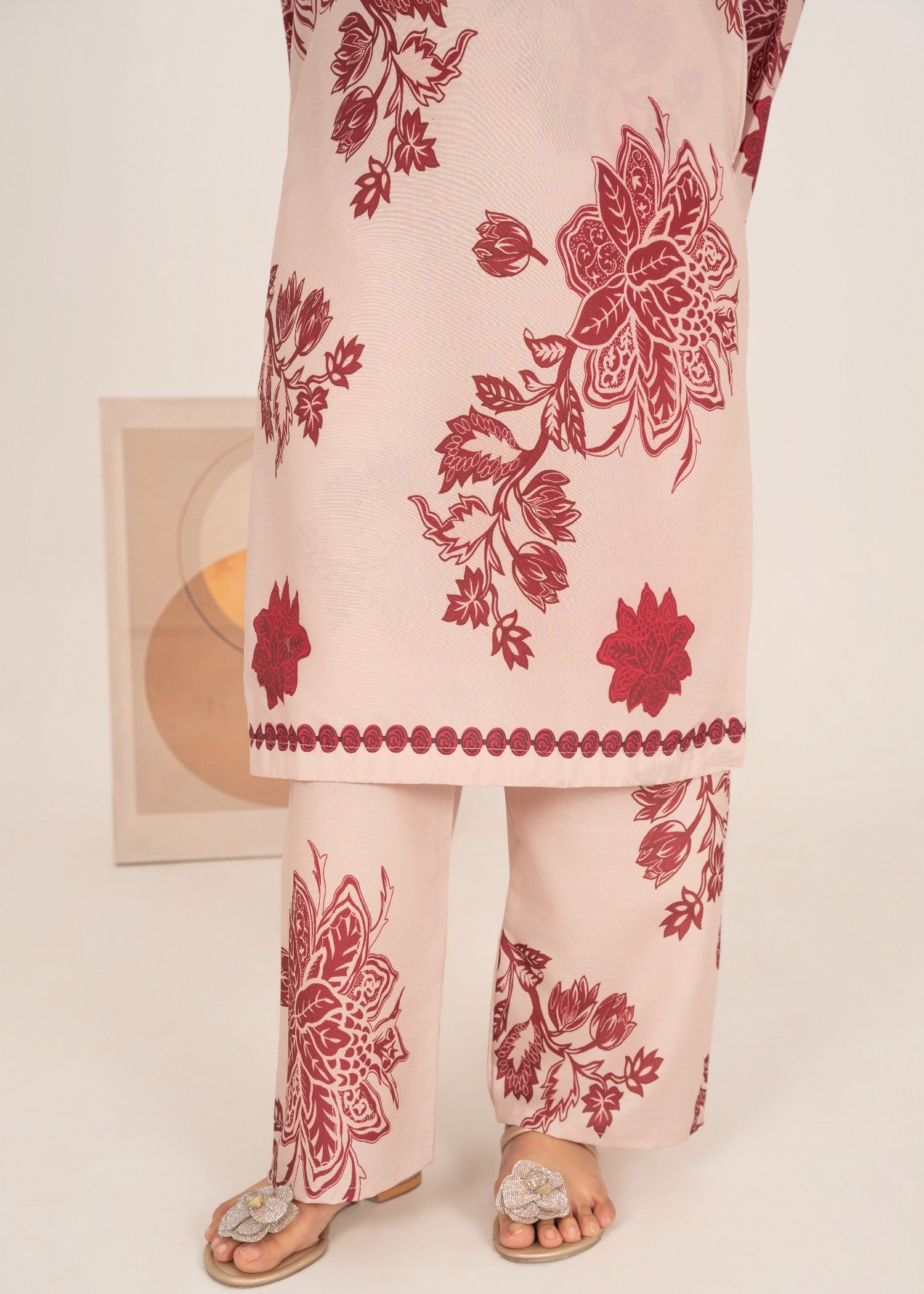poly lawn Kurta Set in Maroon, cream