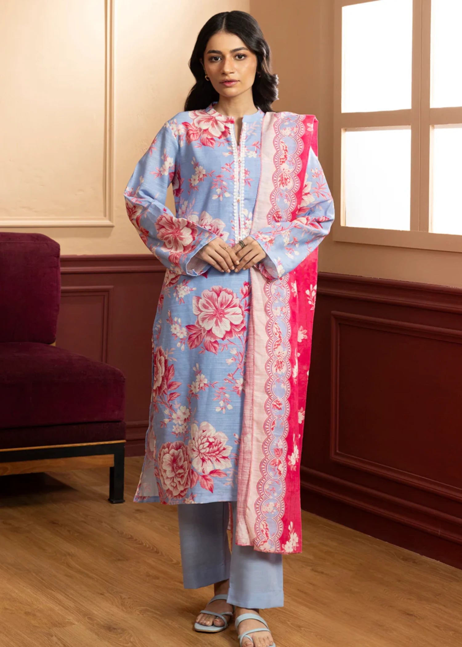 khaddar Kurta Set in Ice blue