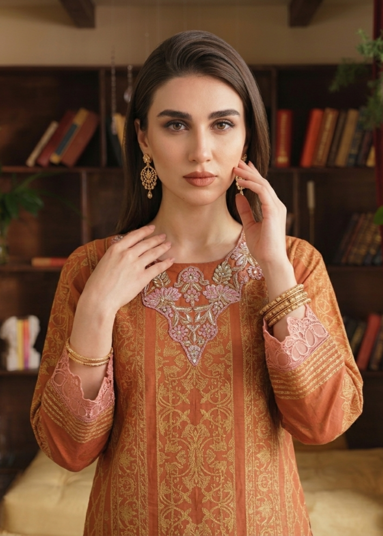 jacquard Kurta Set in Yellow-orange