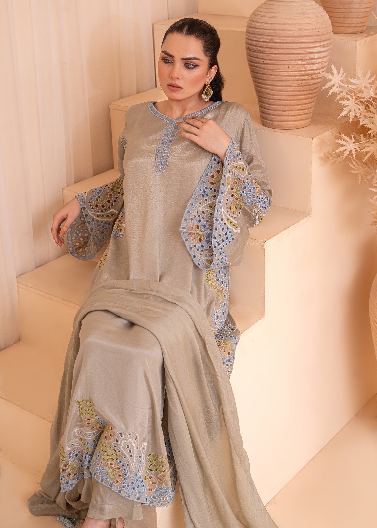 raw silk Kaftan in Grey, sky blue