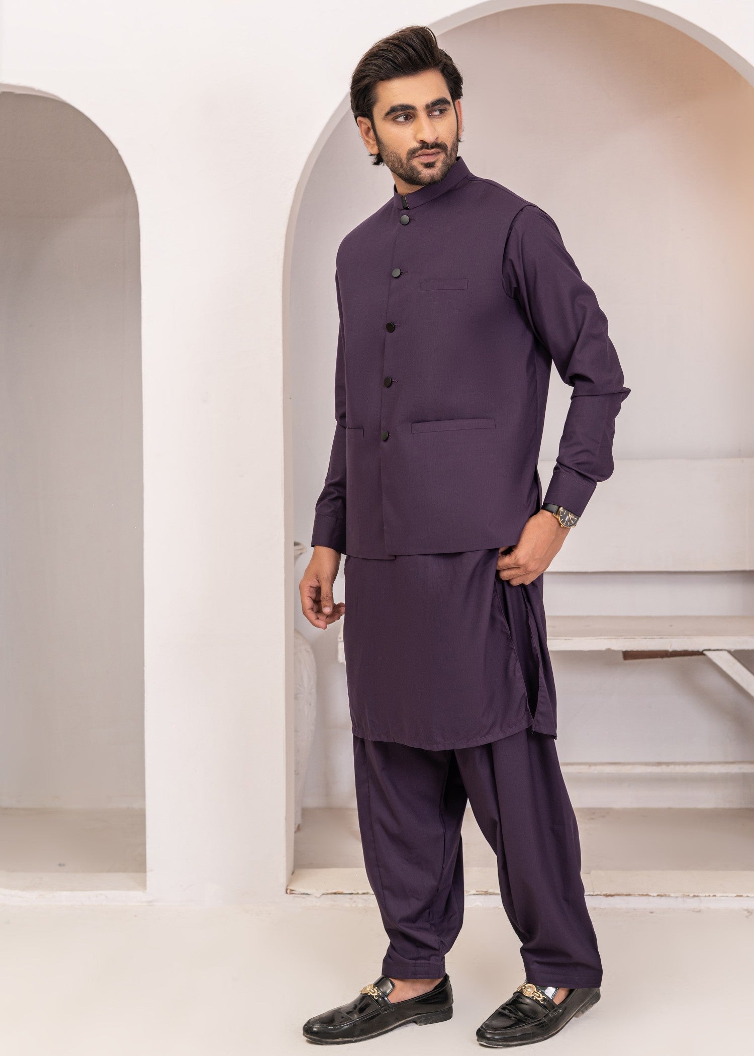 wash & wear Waistcoat in Purple by Hassan Jee Men