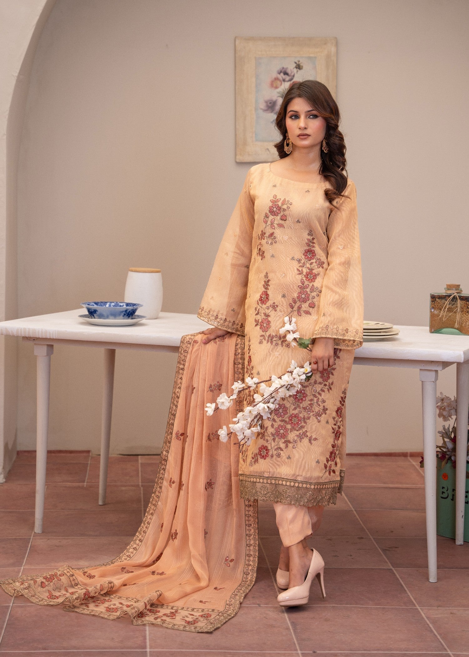 zari cotton Kurta Set in Peach orange
