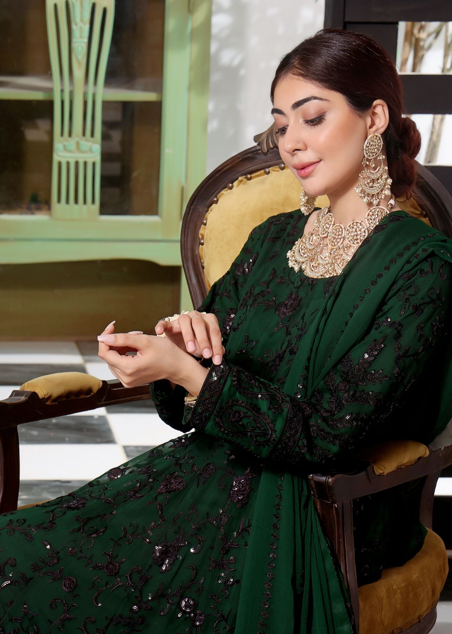 chiffon Pishwas in Green