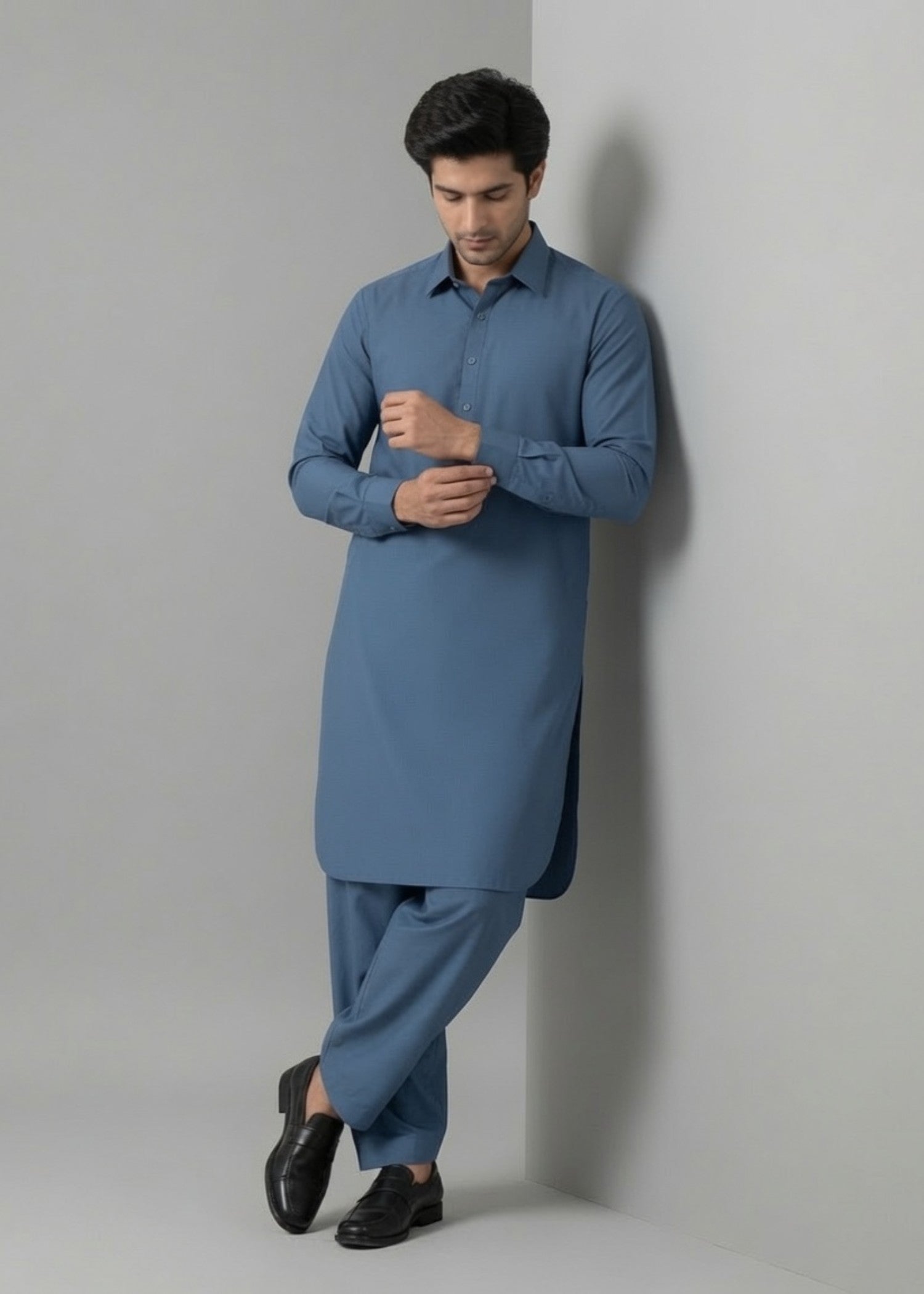 wash & wear Shalwar Kameez in Prussian blue by Hinz