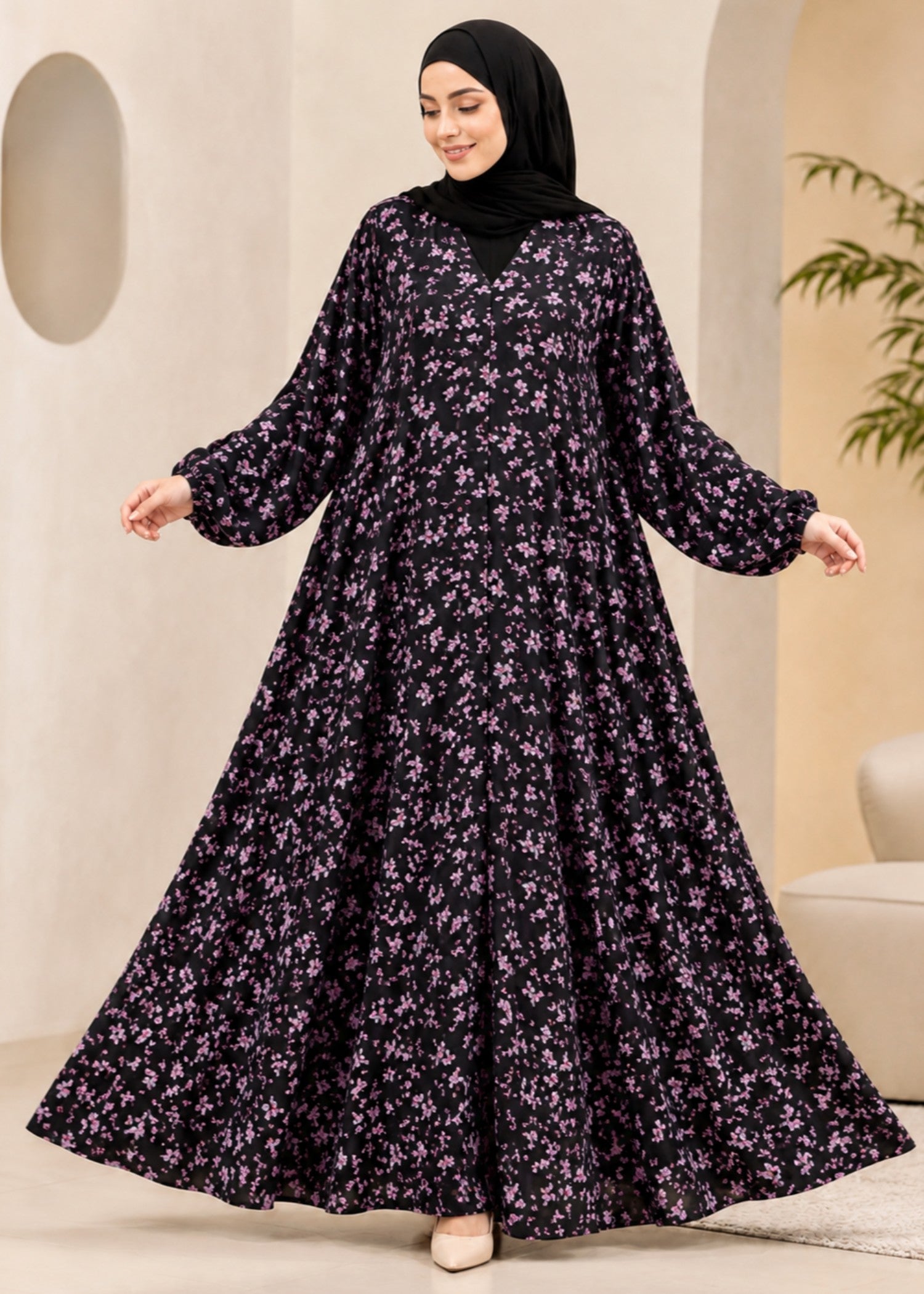 crepe georgette Abaya in Black, pink