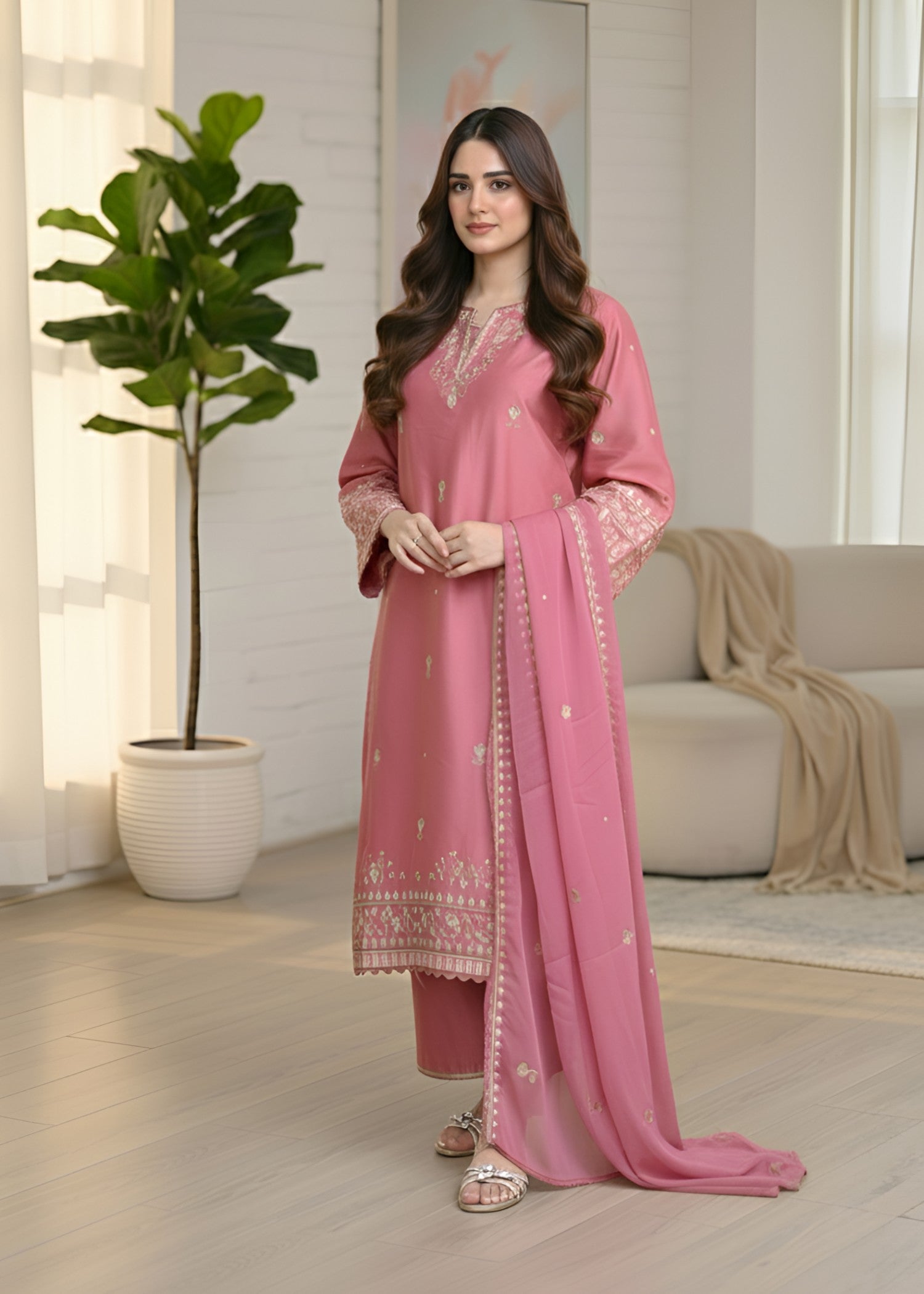 cambric Kurta Set in Salmon pink