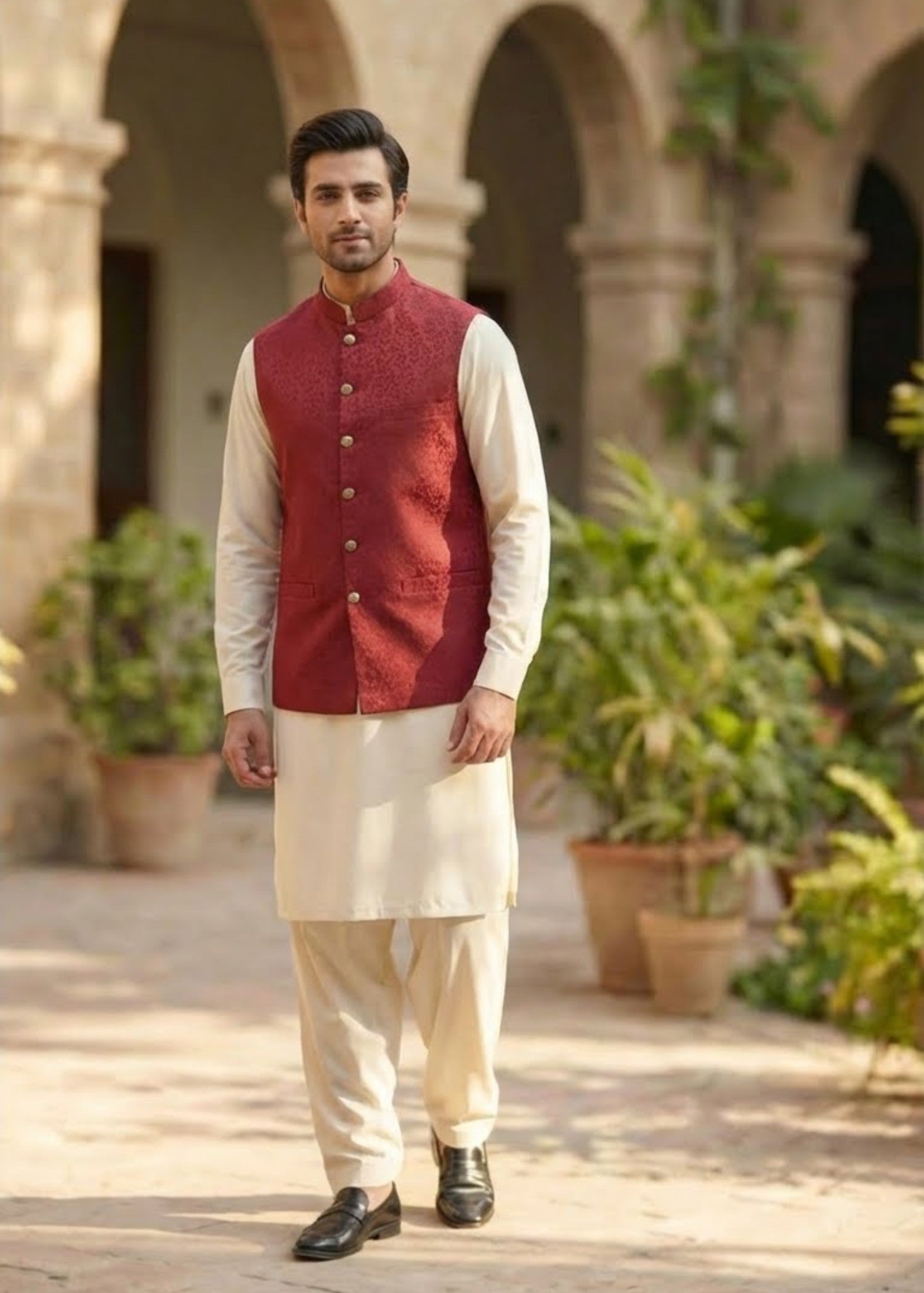 traditional jamawar Waistcoat in Maroon