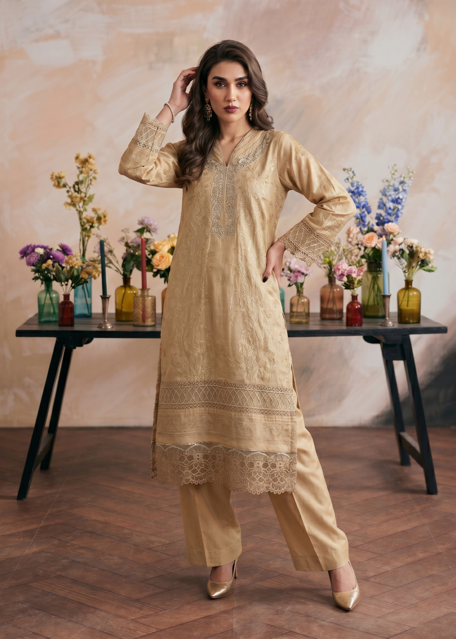 jacquard Kurta Set in Beige