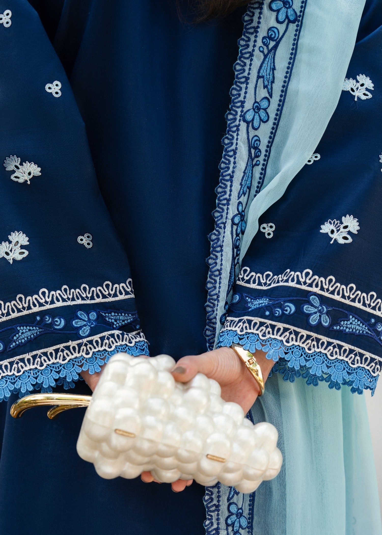 lawn Kurta Set in Powder blue, navy blue