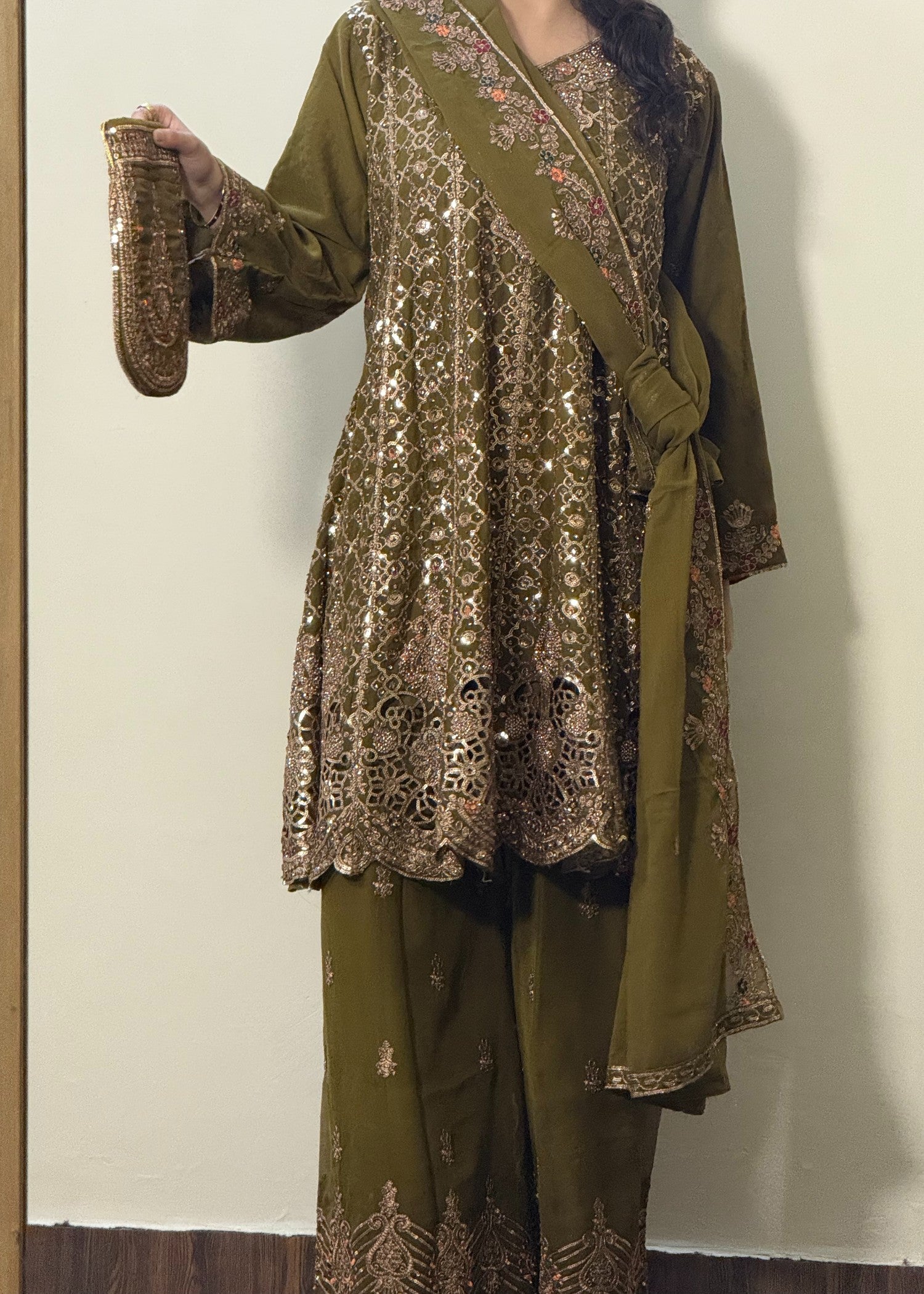 chiffon Short Frock in Olive green